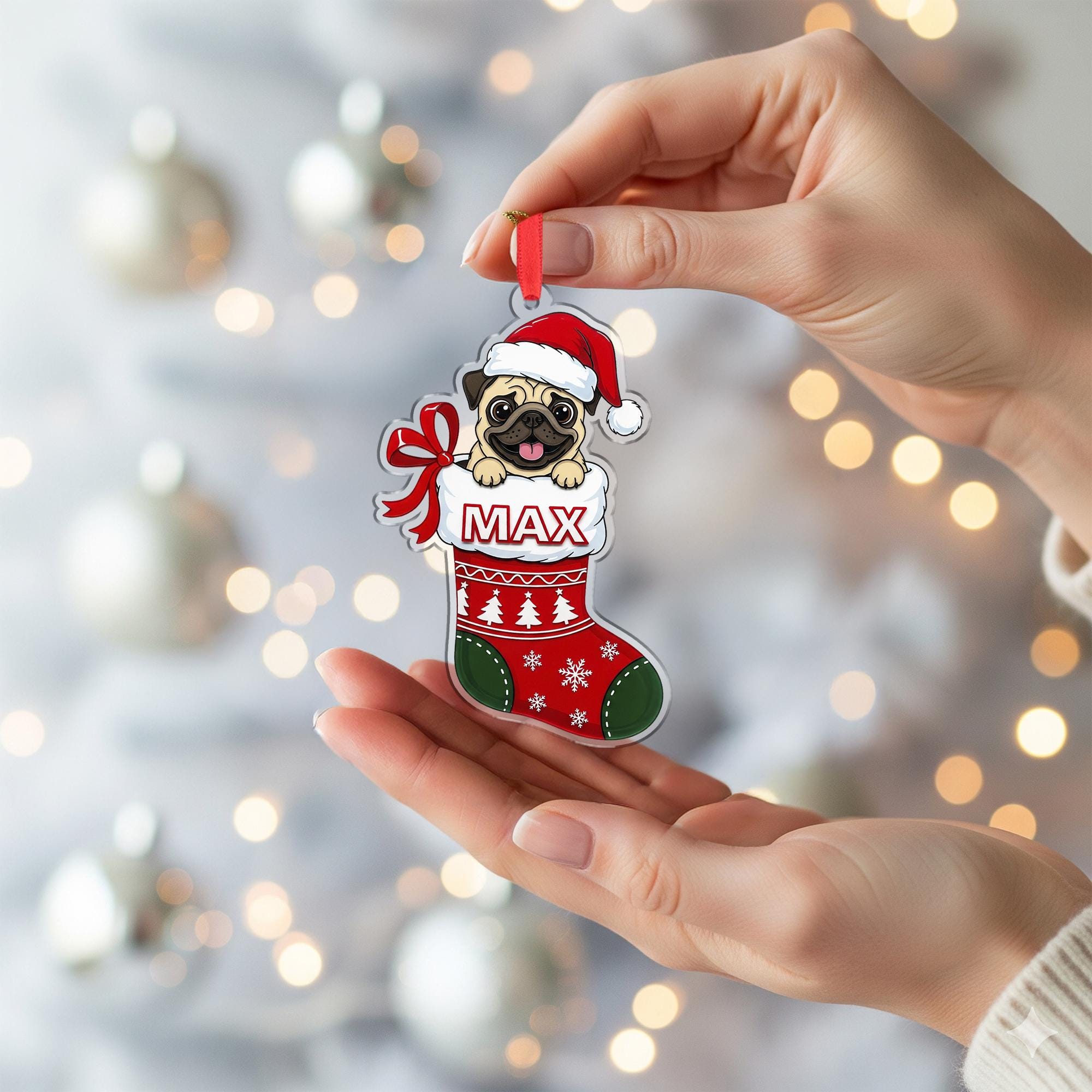 Personalized Pug Christmas Ornament – Custom Name Dog Stocking Decoration, Holiday Tree Keepsake