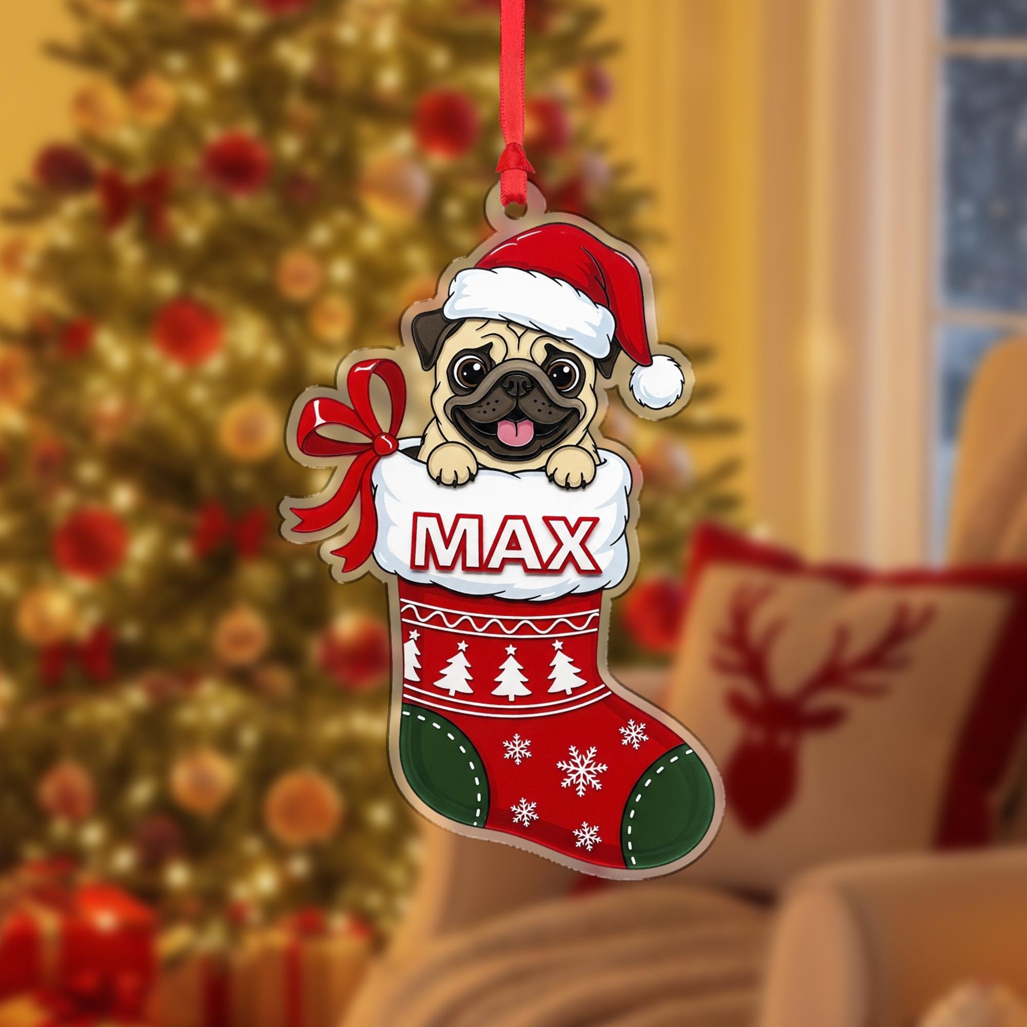 Personalized Pug Christmas Ornament – Custom Name Dog Stocking Decoration, Holiday Tree Keepsake