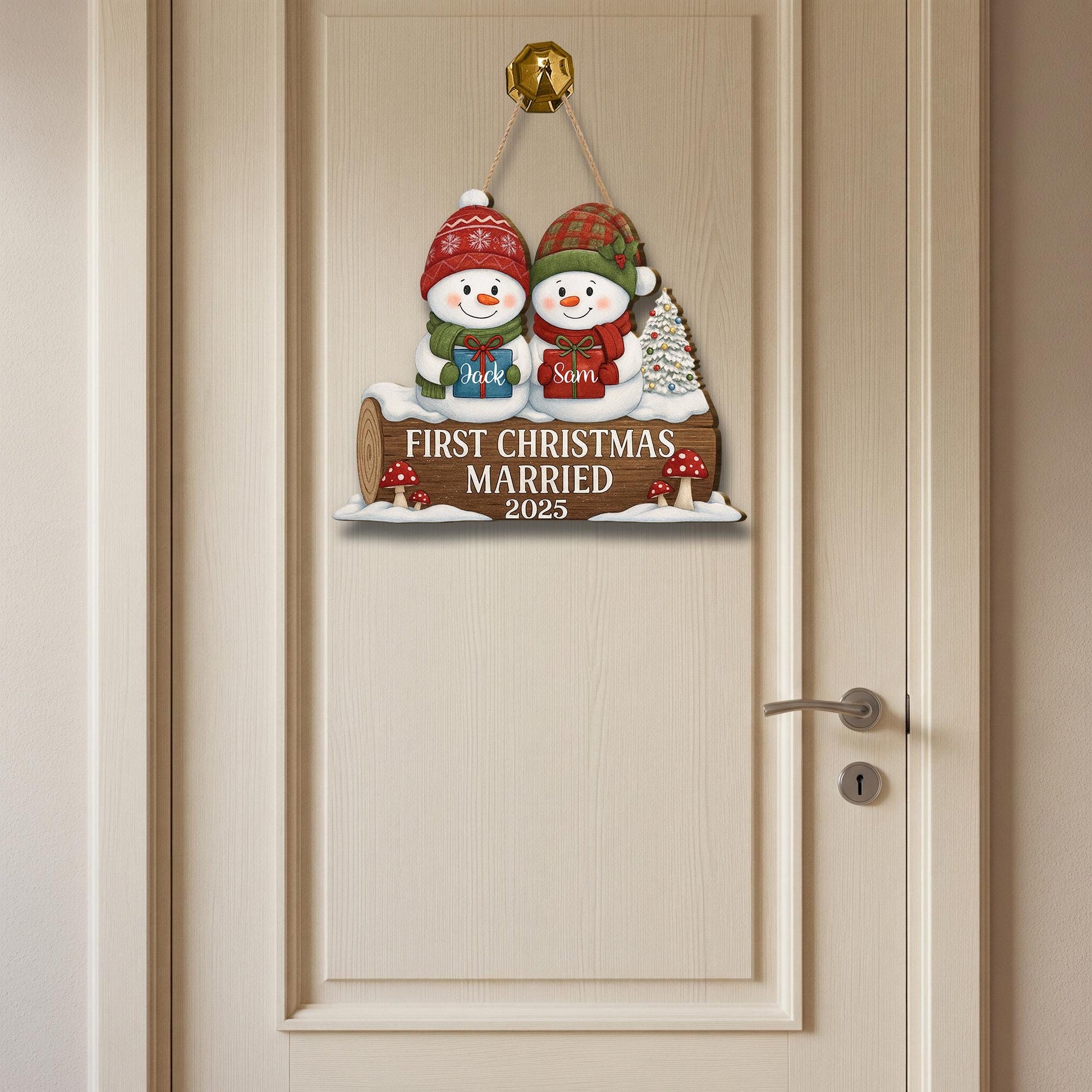 Personalized Wooden Sign – First Christmas Married Decoration with Snowman Couple and Custom Year