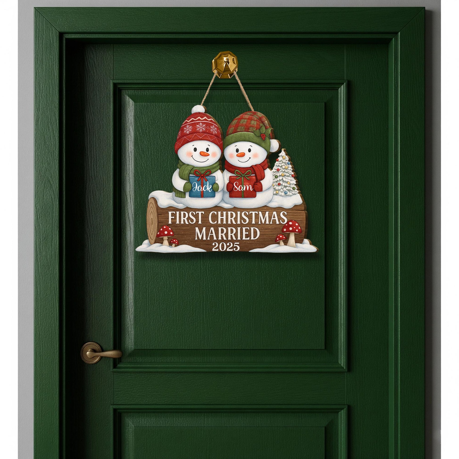 Personalized Wooden Sign – First Christmas Married Decoration with Snowman Couple and Custom Year
