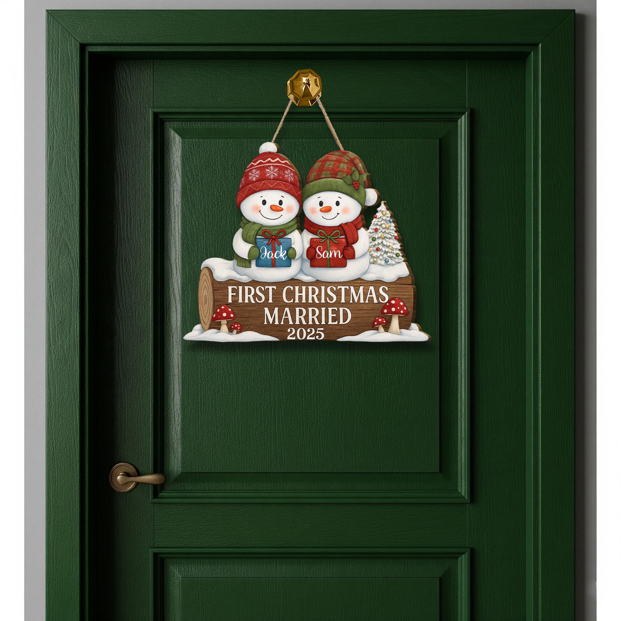 Personalized Wooden Sign – First Christmas Married Decoration with Snowman Couple and Custom Year