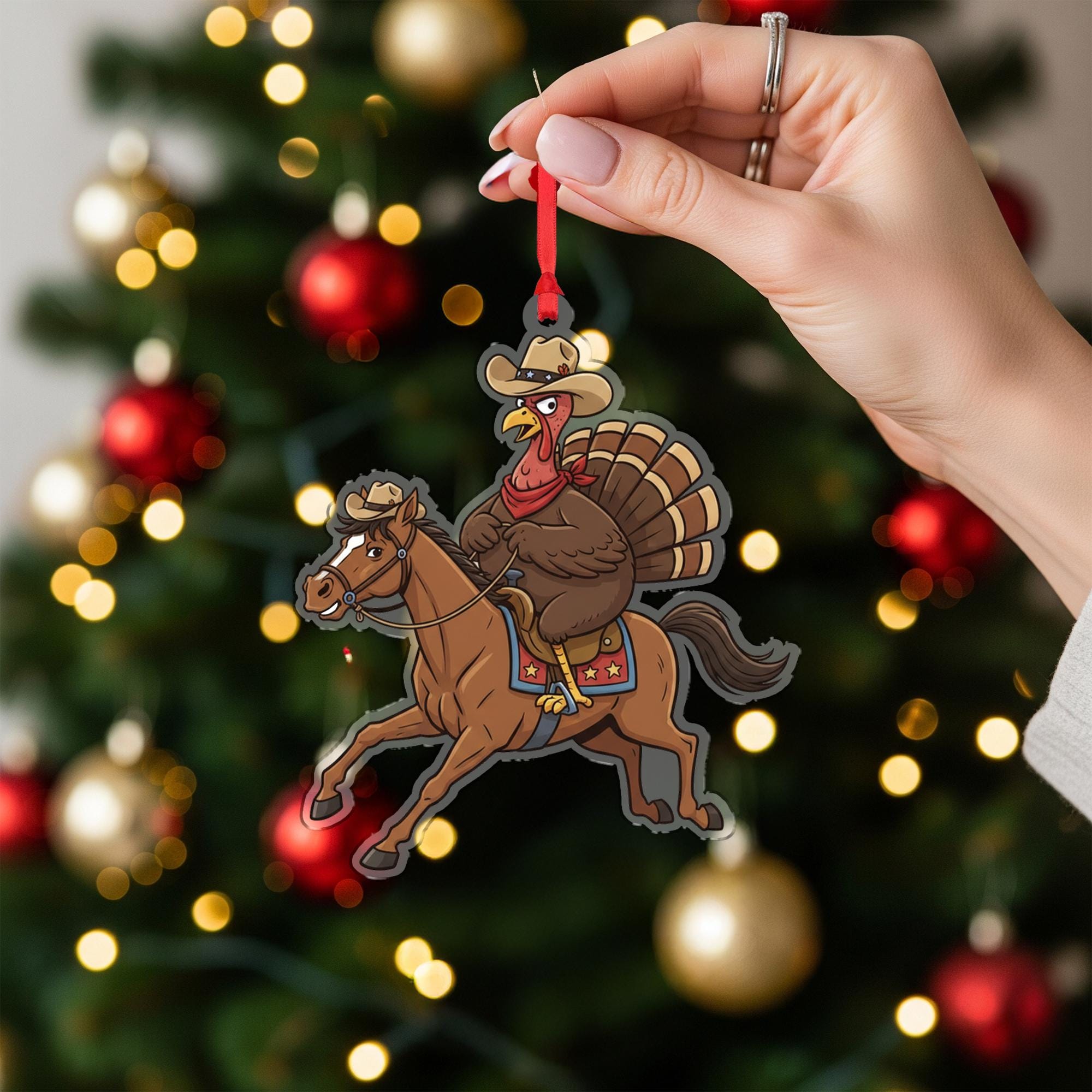 Turkey Cowboy Christmas Ornament – Acrylic Hanging Decoration with Horseback Riding Design