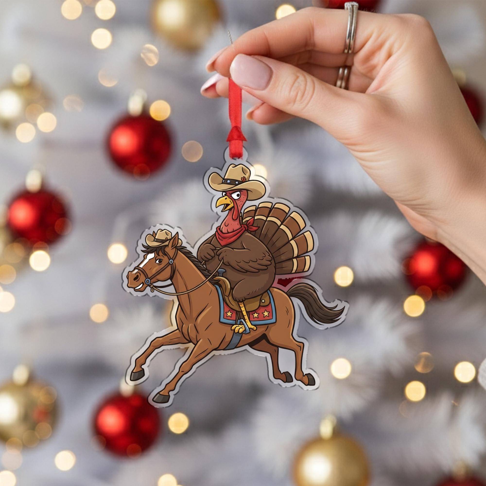 Turkey Cowboy Christmas Ornament – Acrylic Hanging Decoration with Horseback Riding Design
