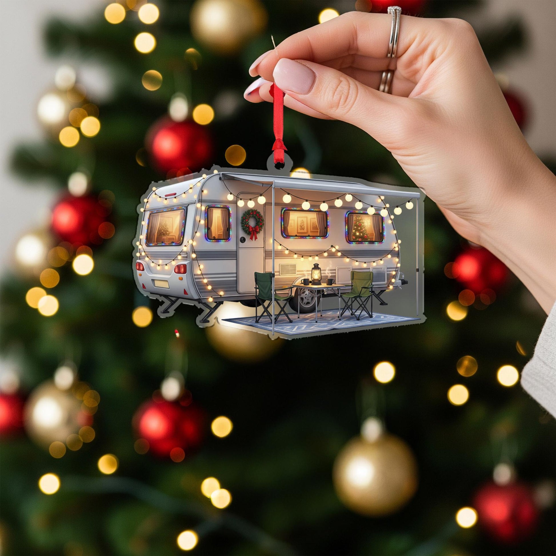 Camper Christmas Ornament – Acrylic Hanging Decoration with Holiday Lights and Wreath Design
