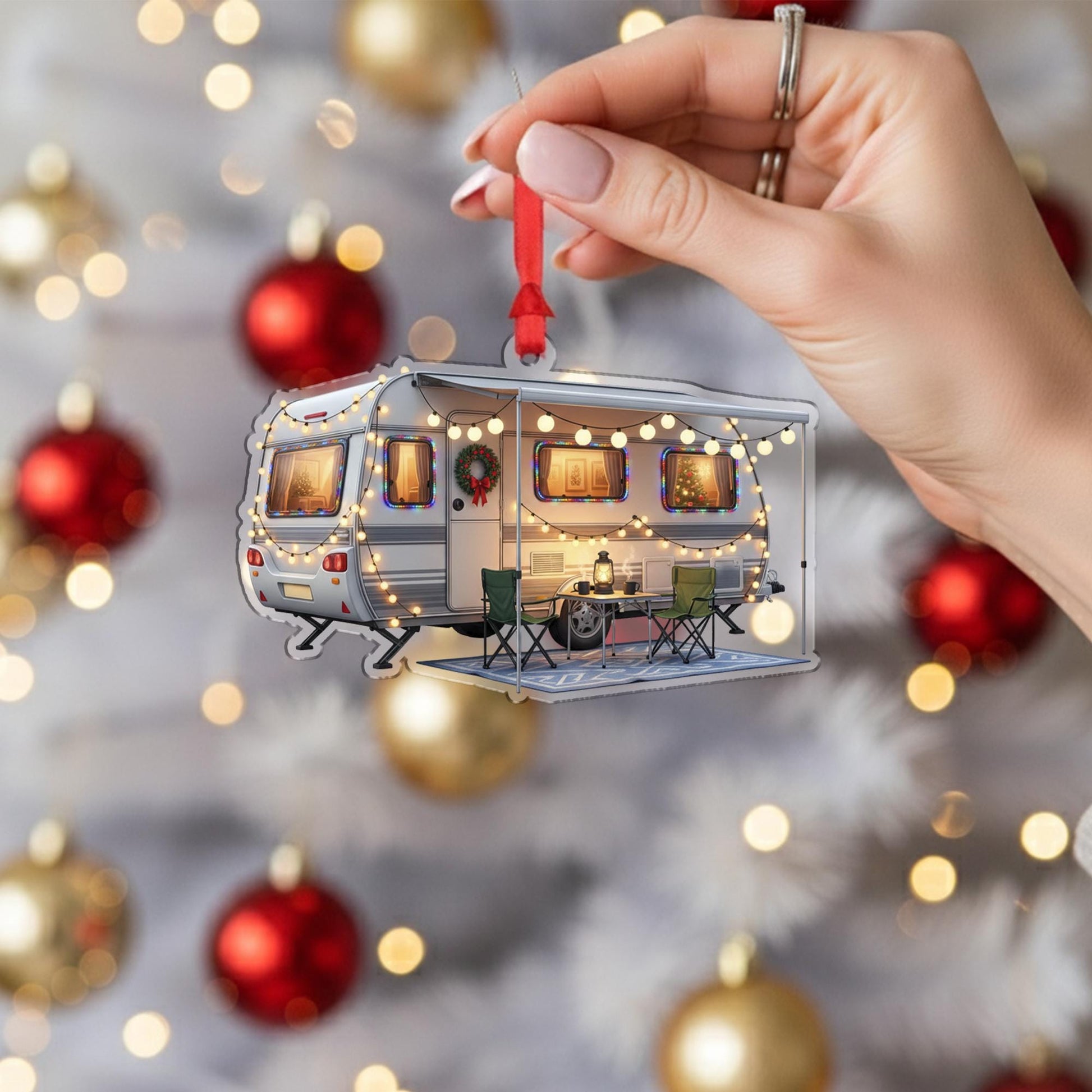 Camper Christmas Ornament – Acrylic Hanging Decoration with Holiday Lights and Wreath Design