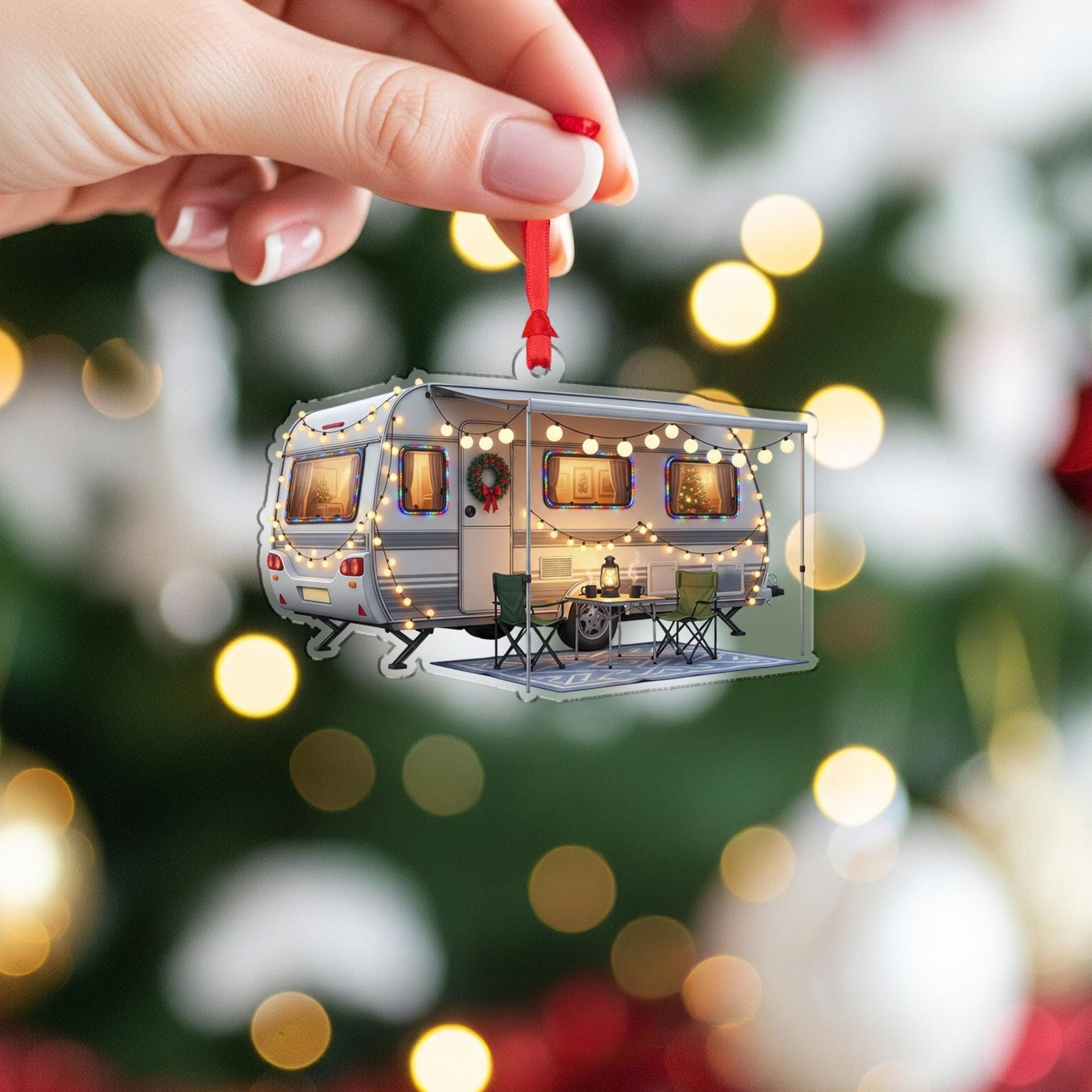 Camper Christmas Ornament – Acrylic Hanging Decoration with Holiday Lights and Wreath Design