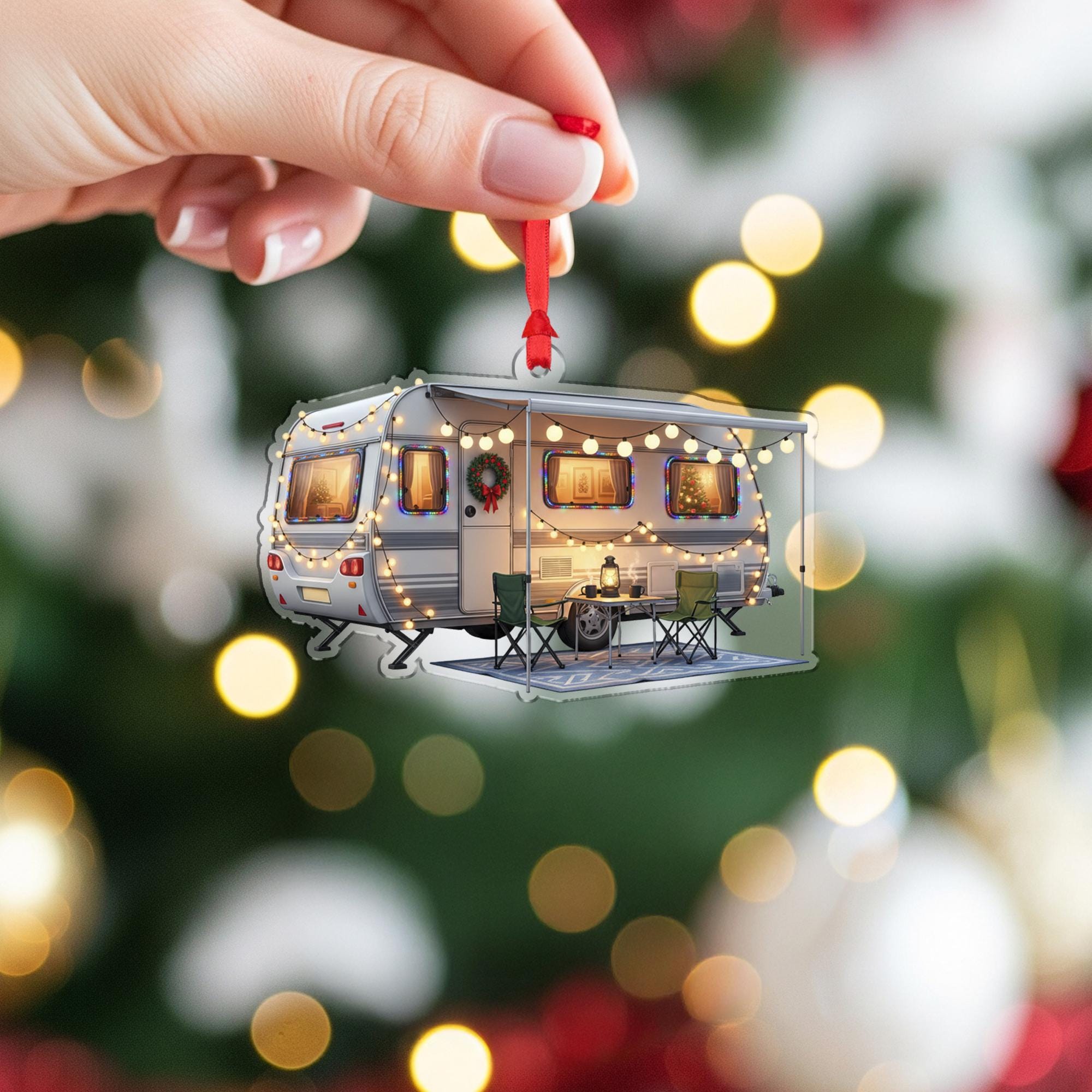 Camper Christmas Ornament – Acrylic Hanging Decoration with Holiday Lights and Wreath Design