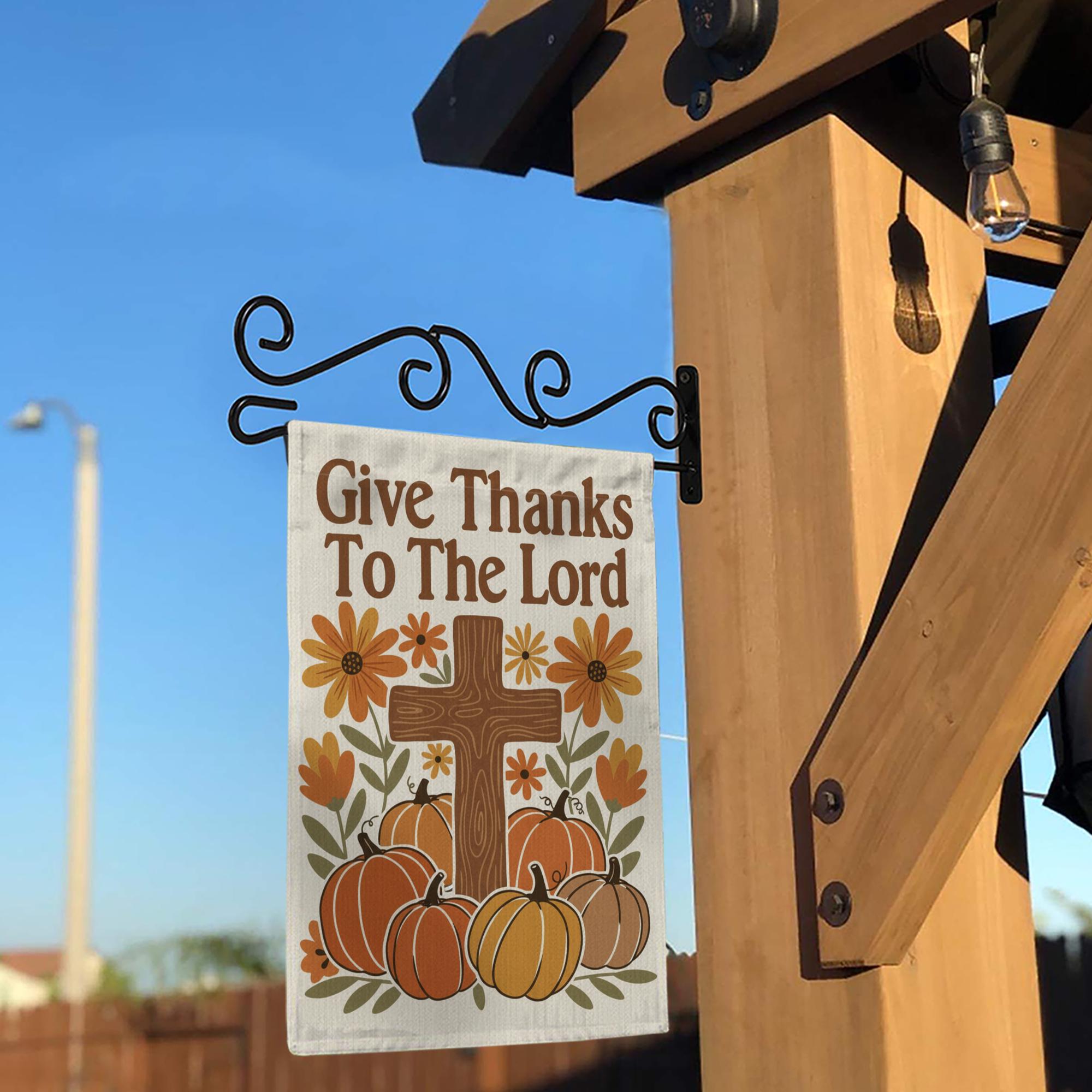 Garden Flag: Give Thanks To The Lord with Cross, Pumpkins and Flowers