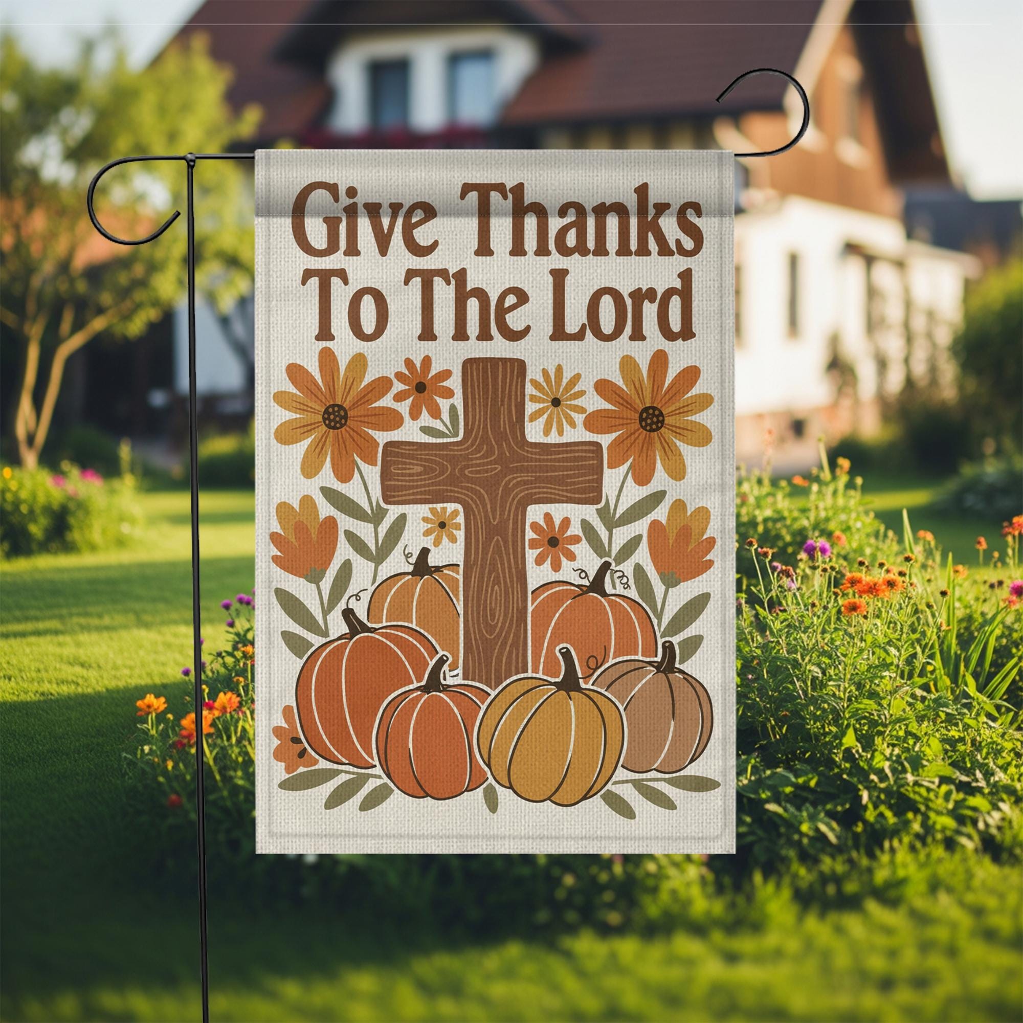 Garden Flag: Give Thanks To The Lord with Cross, Pumpkins and Flowers