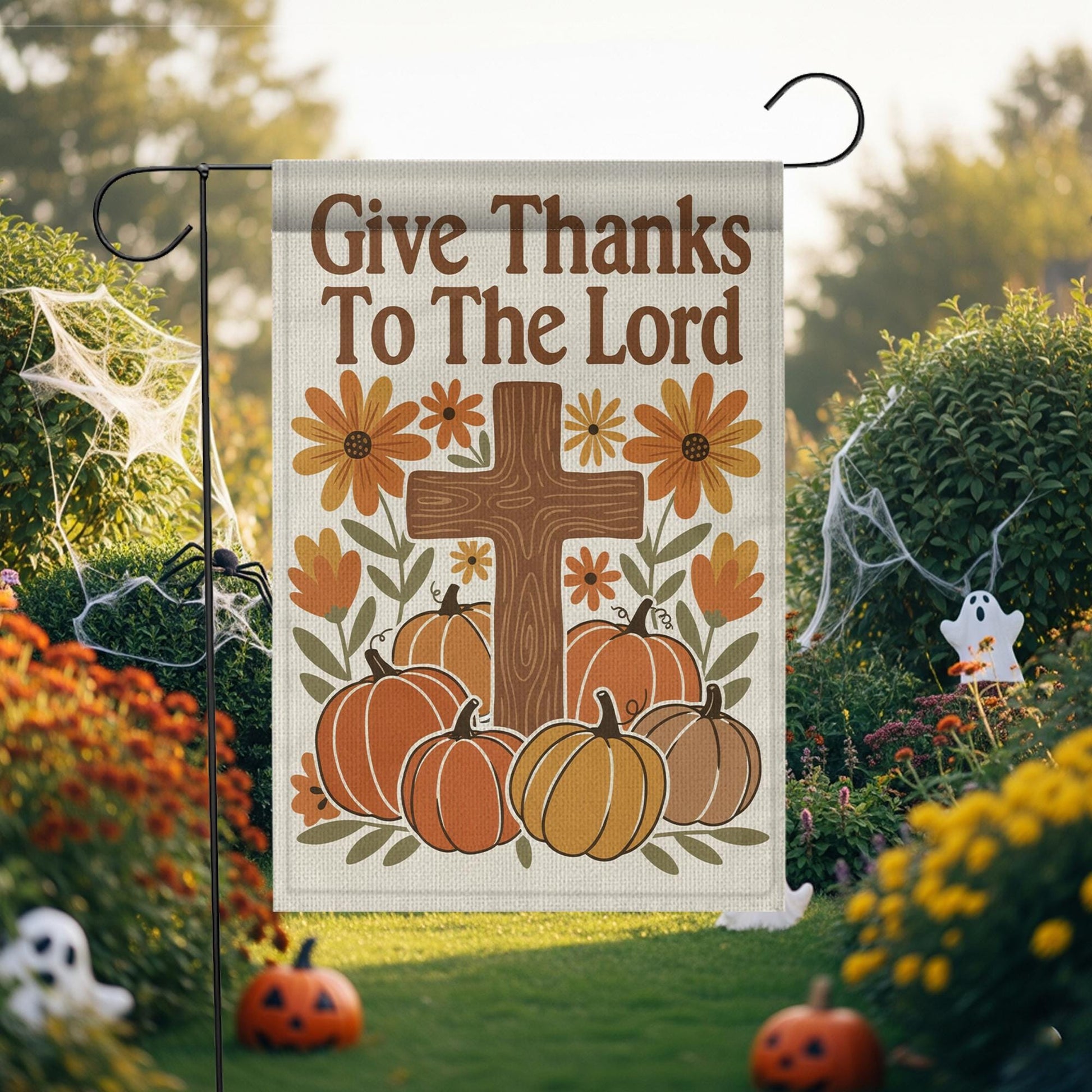 Garden Flag: Give Thanks To The Lord with Cross, Pumpkins and Flowers