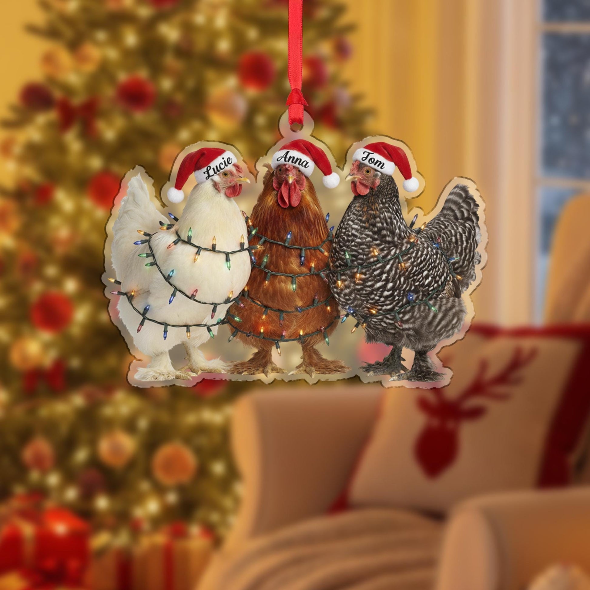 Christmas Ornament: Chickens with Santa Hats and Lights