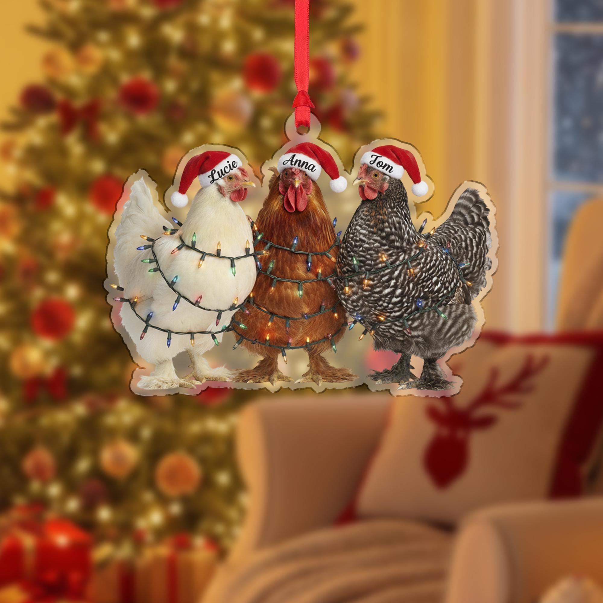 Christmas Ornament: Chickens with Santa Hats and Lights