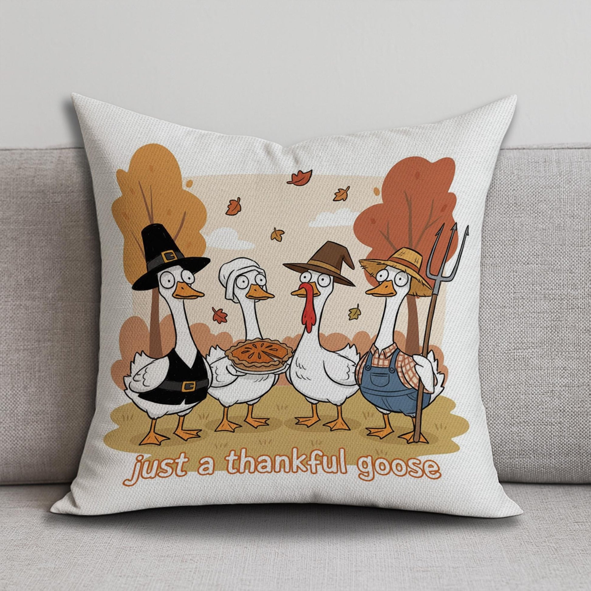Throw Pillow: Thankful Goose with Fall Harvest Scene