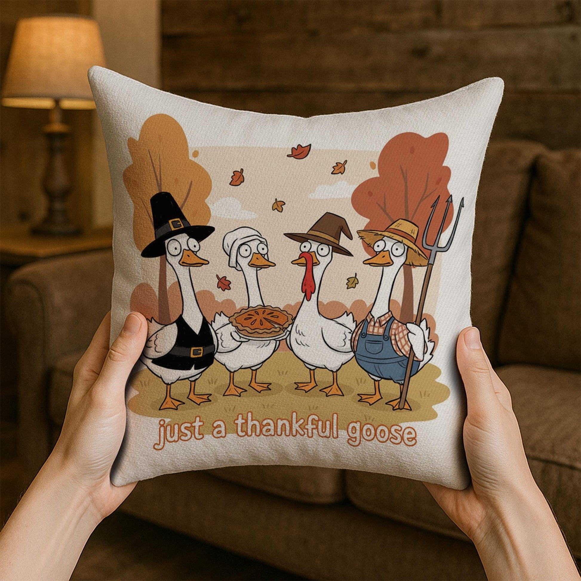 Throw Pillow: Thankful Goose with Fall Harvest Scene