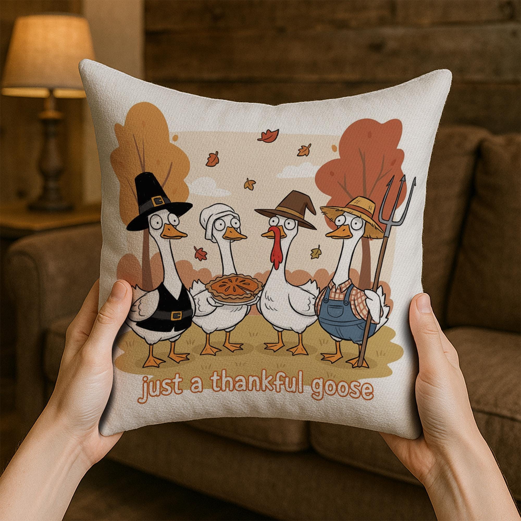 Throw Pillow: Thankful Goose with Fall Harvest Scene