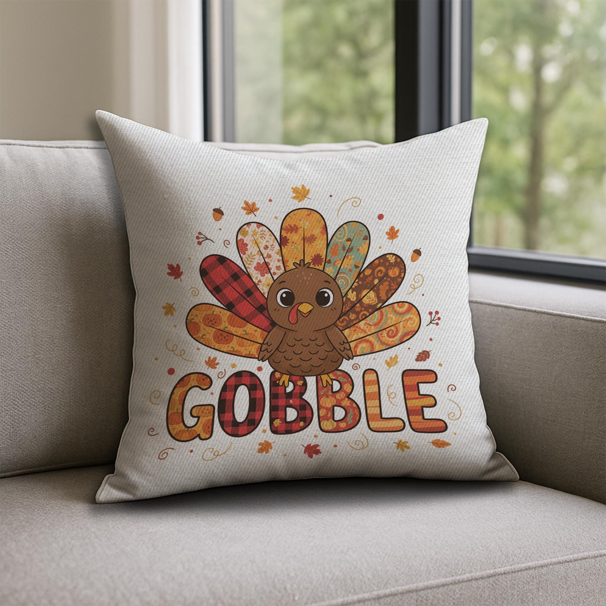 Throw Pillow: Turkey with Gobble Text and Fall Patterns
