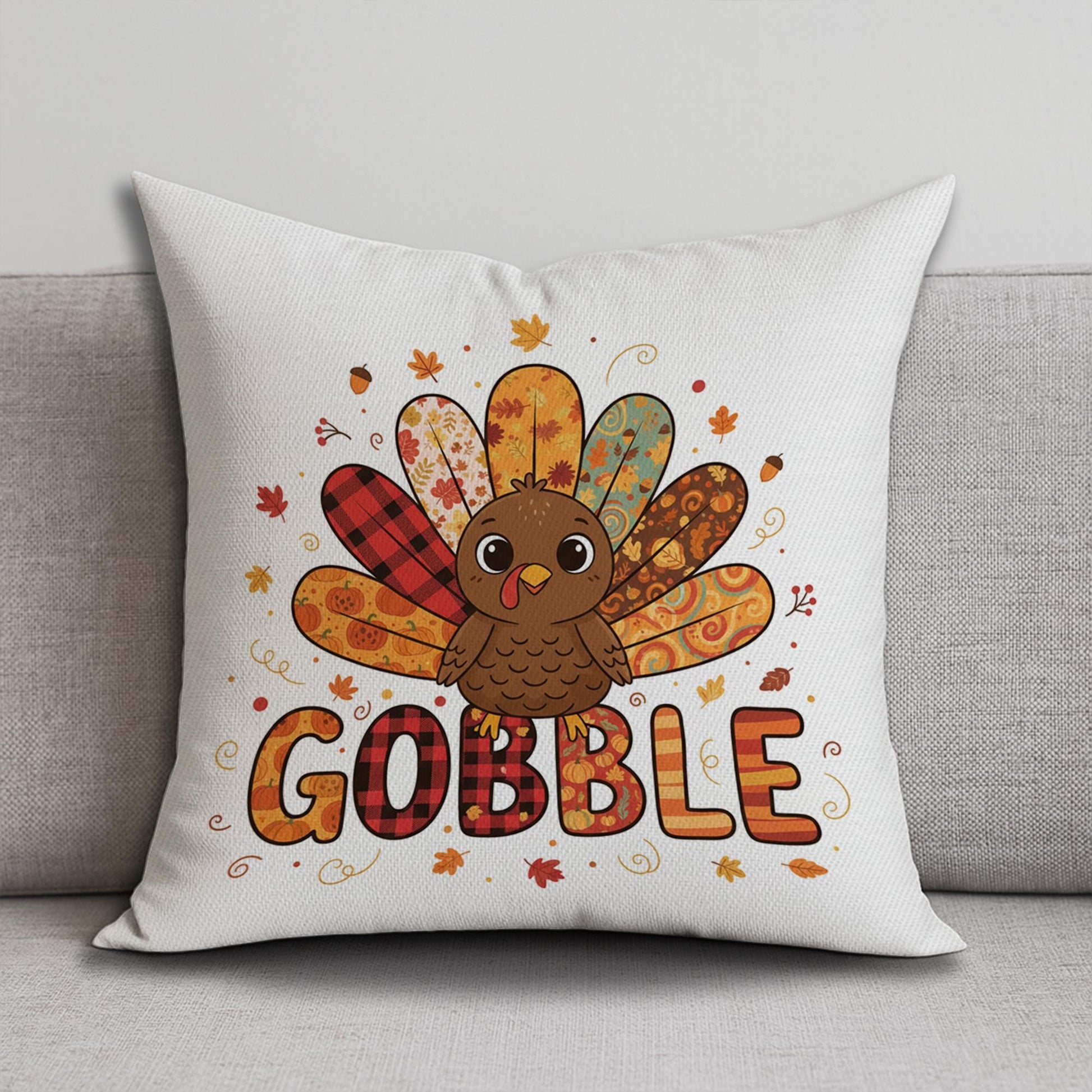 Throw Pillow: Turkey with Gobble Text and Fall Patterns