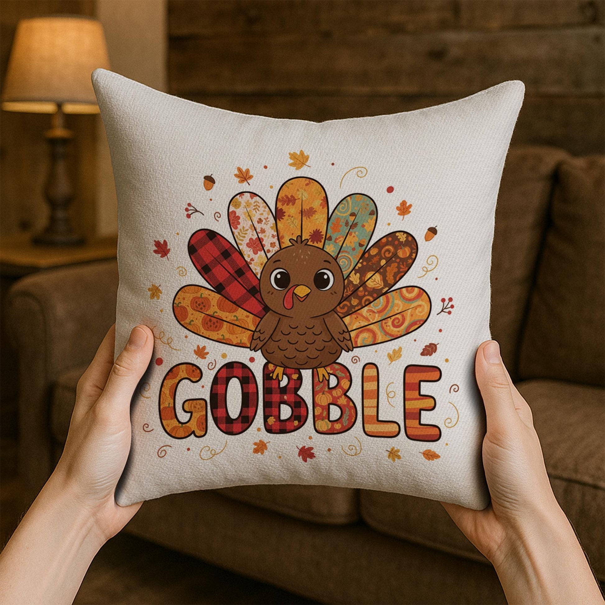Throw Pillow: Turkey with Gobble Text and Fall Patterns