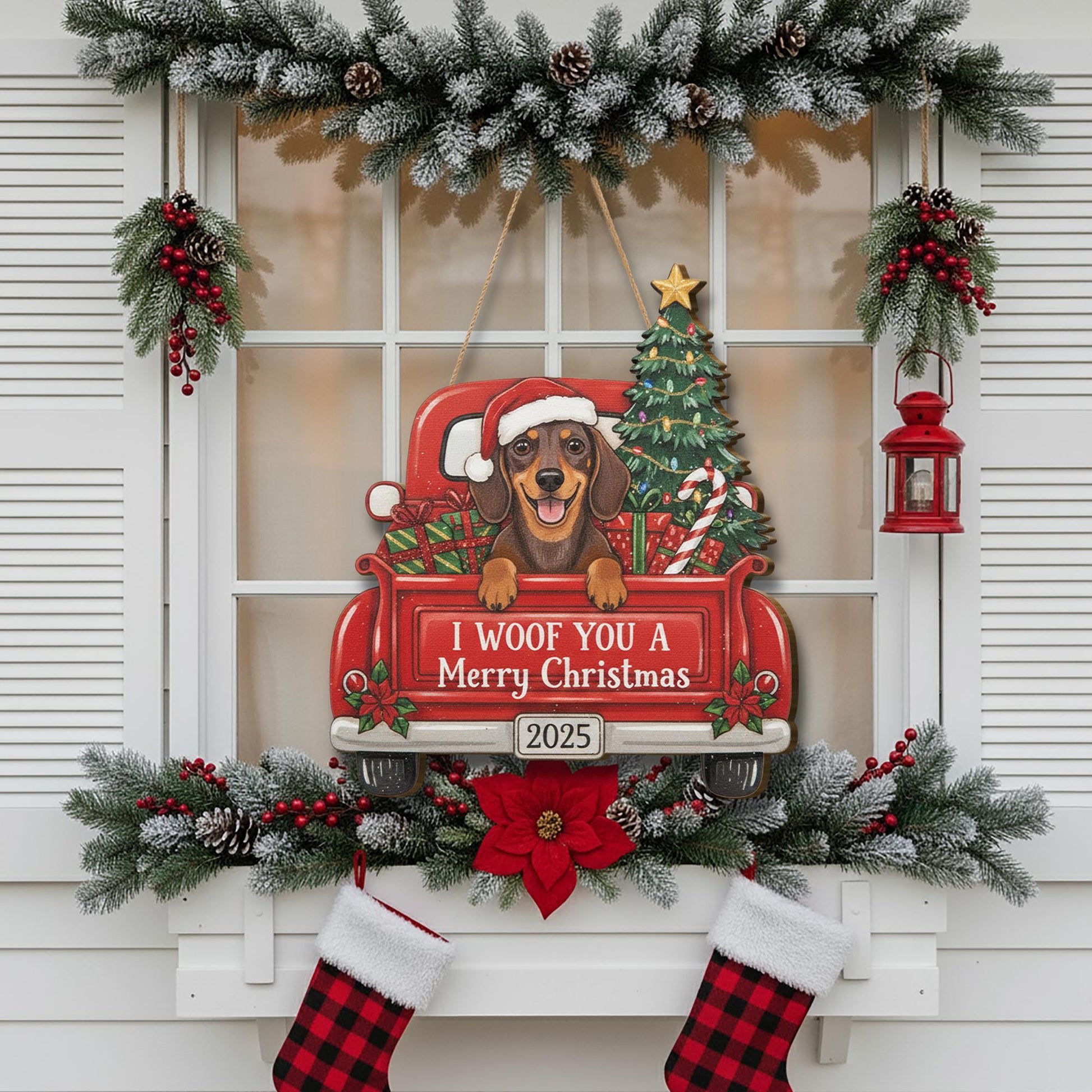Personalized Wooden Christmas Dog Sign – Dachshund in Red Truck with Tree & Gifts