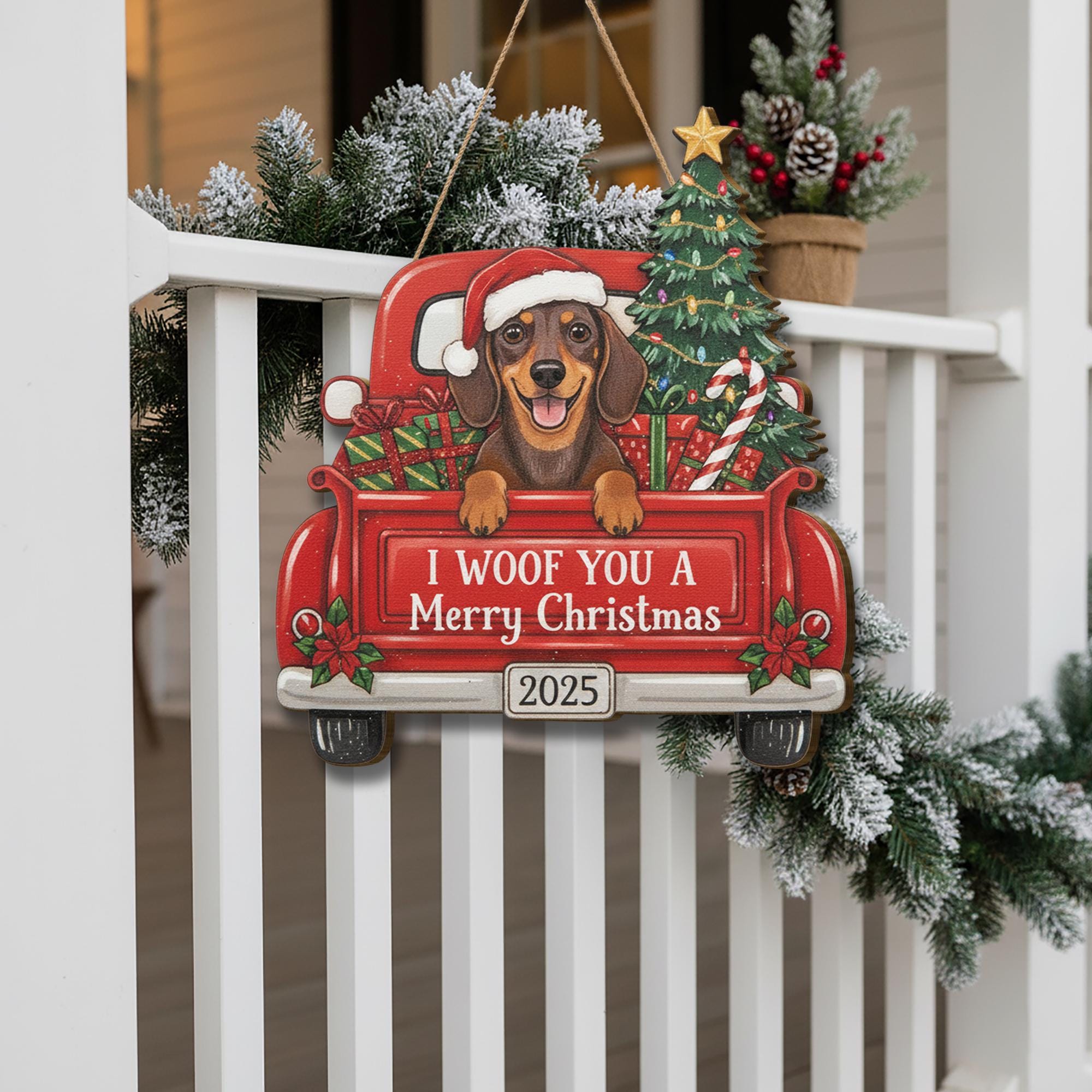 Personalized Wooden Christmas Dog Sign – Dachshund in Red Truck with Tree & Gifts