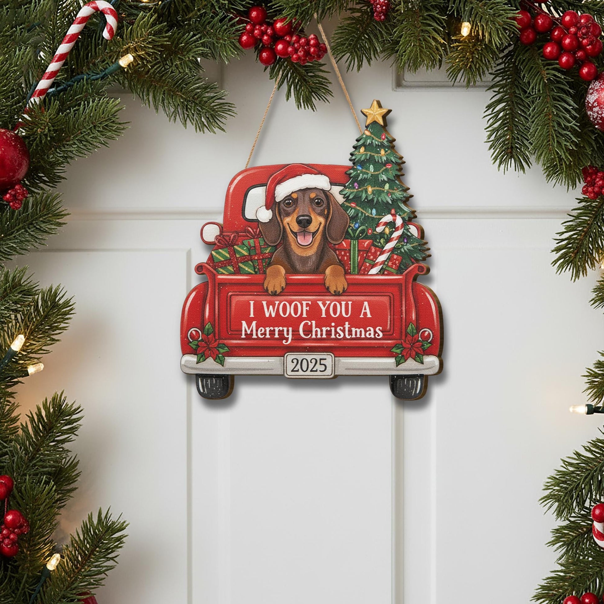 Personalized Wooden Christmas Dog Sign – Dachshund in Red Truck with Tree & Gifts