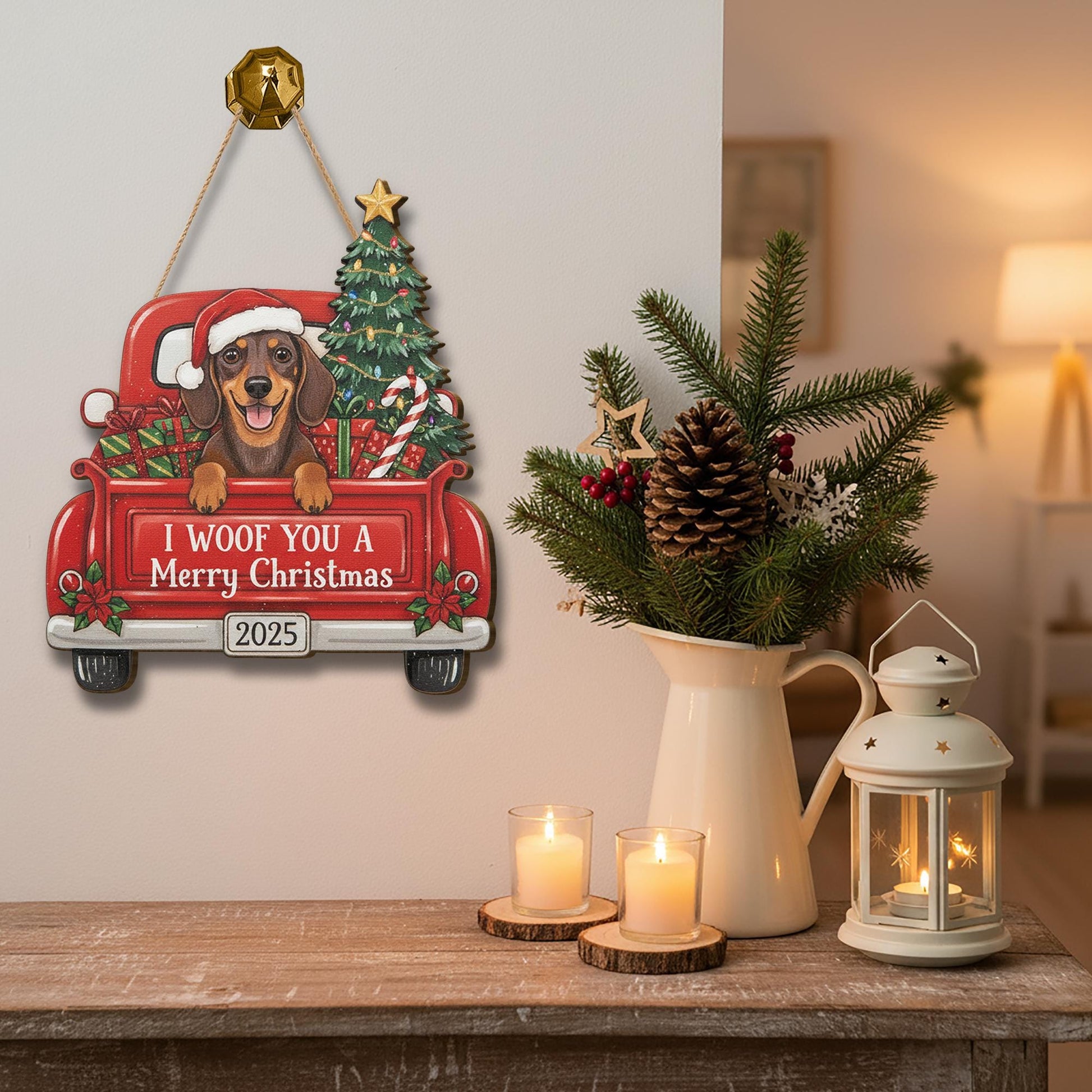 Personalized Wooden Christmas Dog Sign – Dachshund in Red Truck with Tree & Gifts