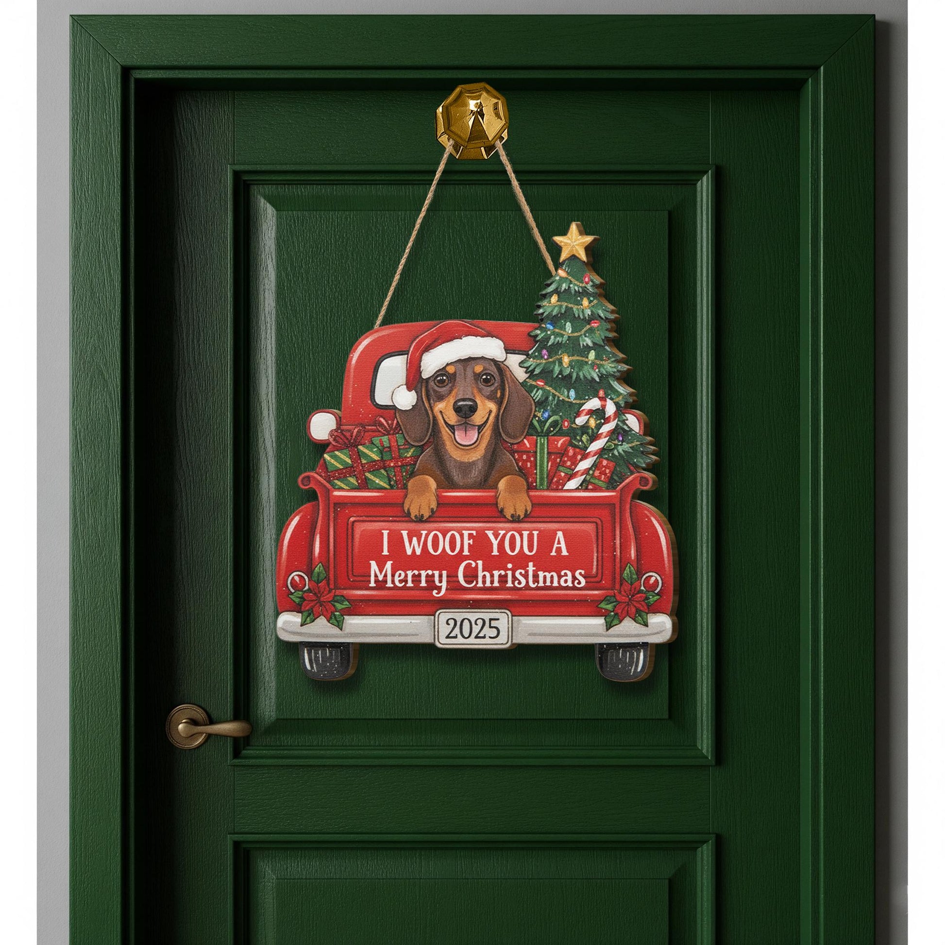 Personalized Wooden Christmas Dog Sign – Dachshund in Red Truck with Tree & Gifts