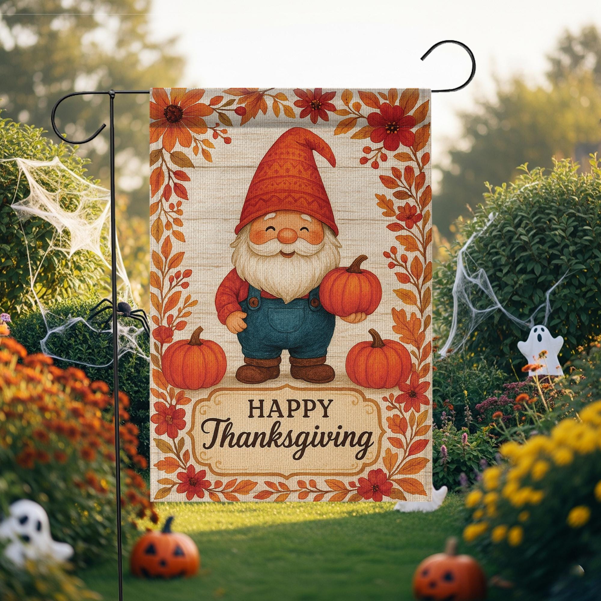 Happy Thanksgiving Garden Flag: Fall Gnome Pumpkin Yard Decor