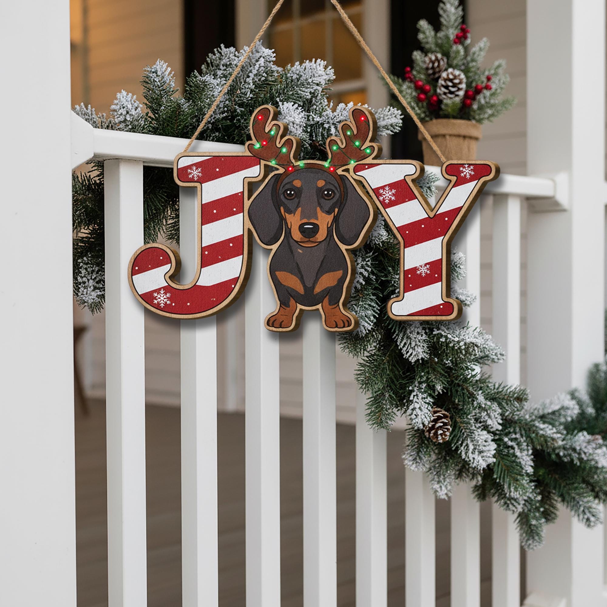 Wooden Dachshund Christmas Sign: Rustic JOY Holiday Door Hanger