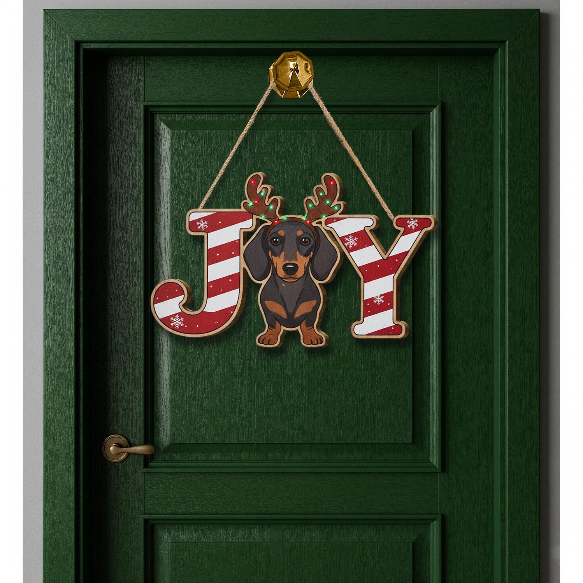 Wooden Dachshund Christmas Sign: Rustic JOY Holiday Door Hanger