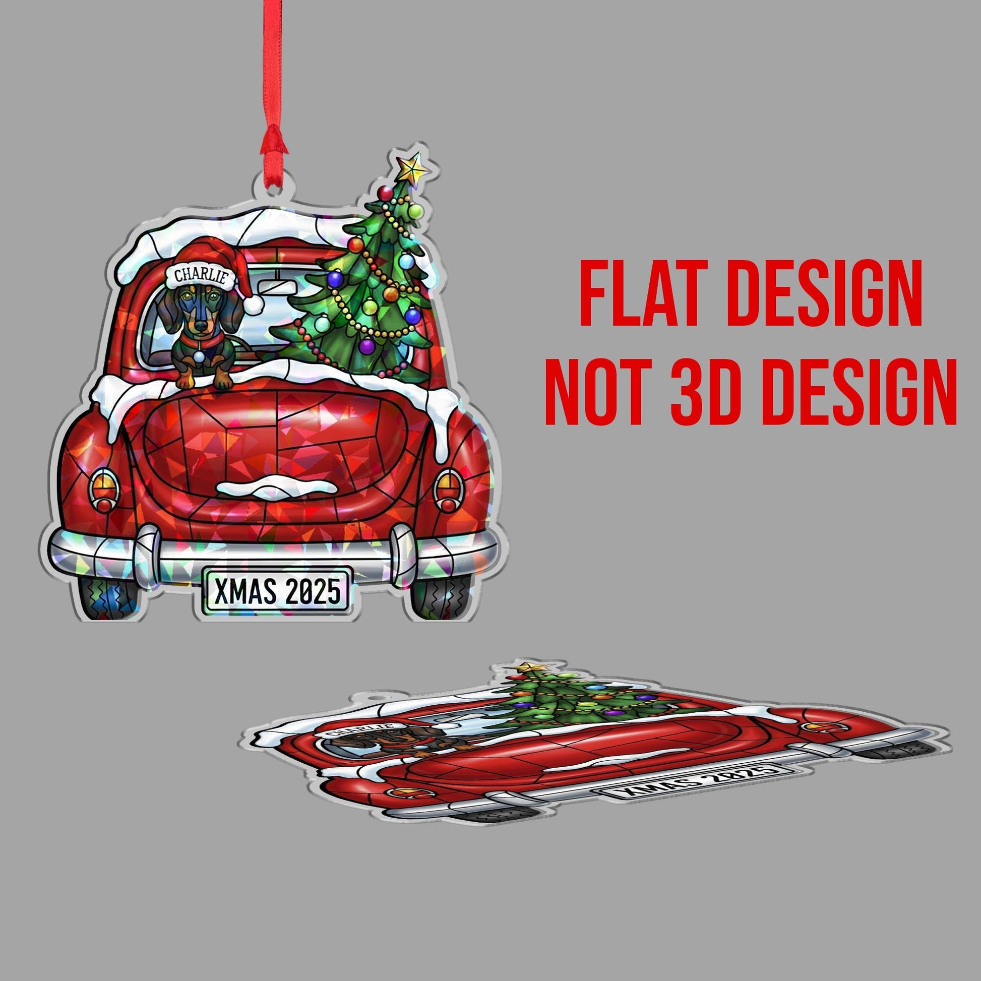 Personalized Dog Ornament – Dachshund in Car with Christmas Tree, Custom Name, Xmas Decoration