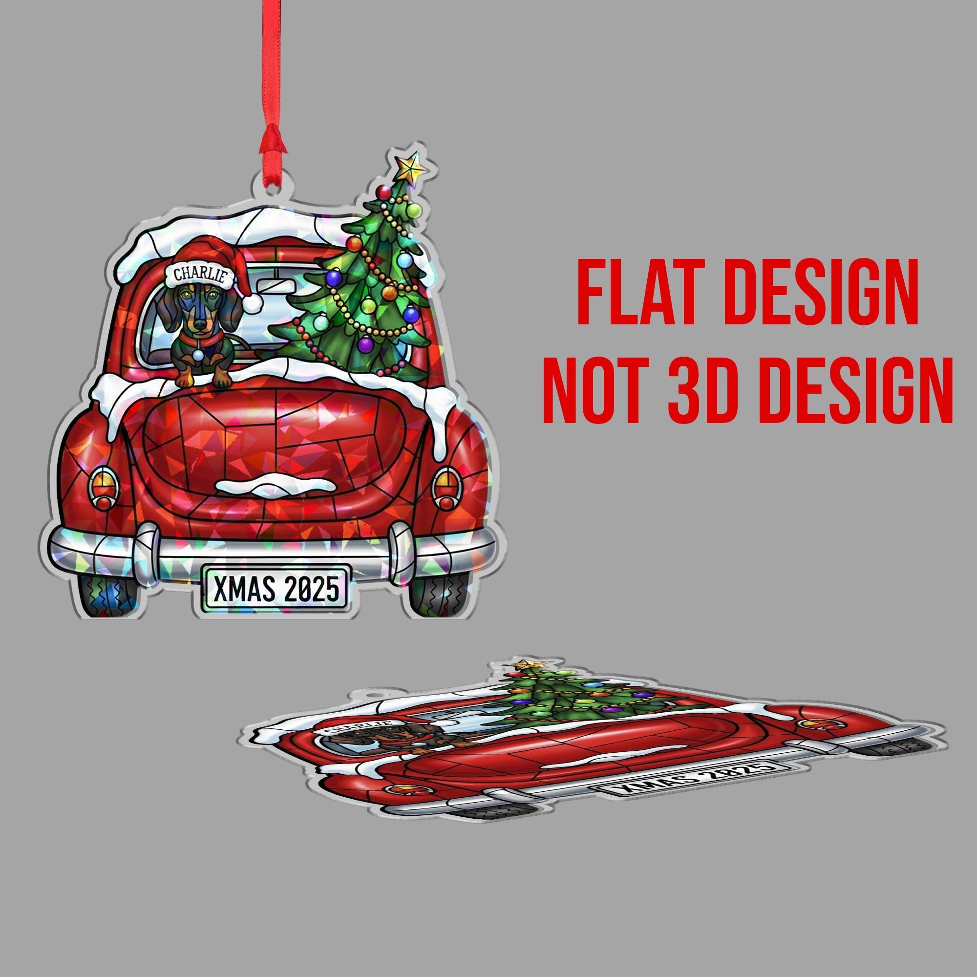 Personalized Dog Ornament – Dachshund in Car with Christmas Tree, Custom Name, Xmas Decoration