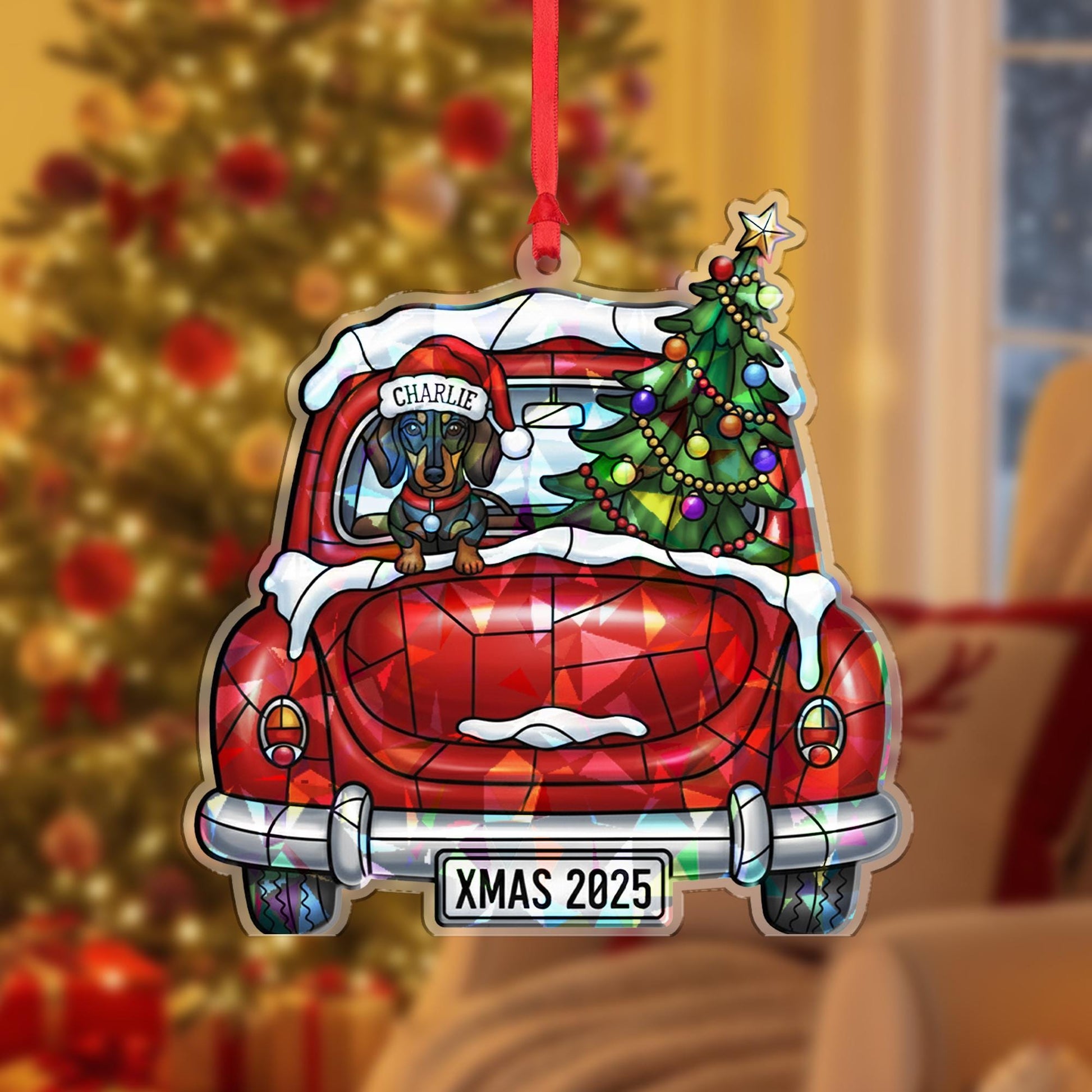 Personalized Dog Ornament – Dachshund in Car with Christmas Tree, Custom Name, Xmas Decoration