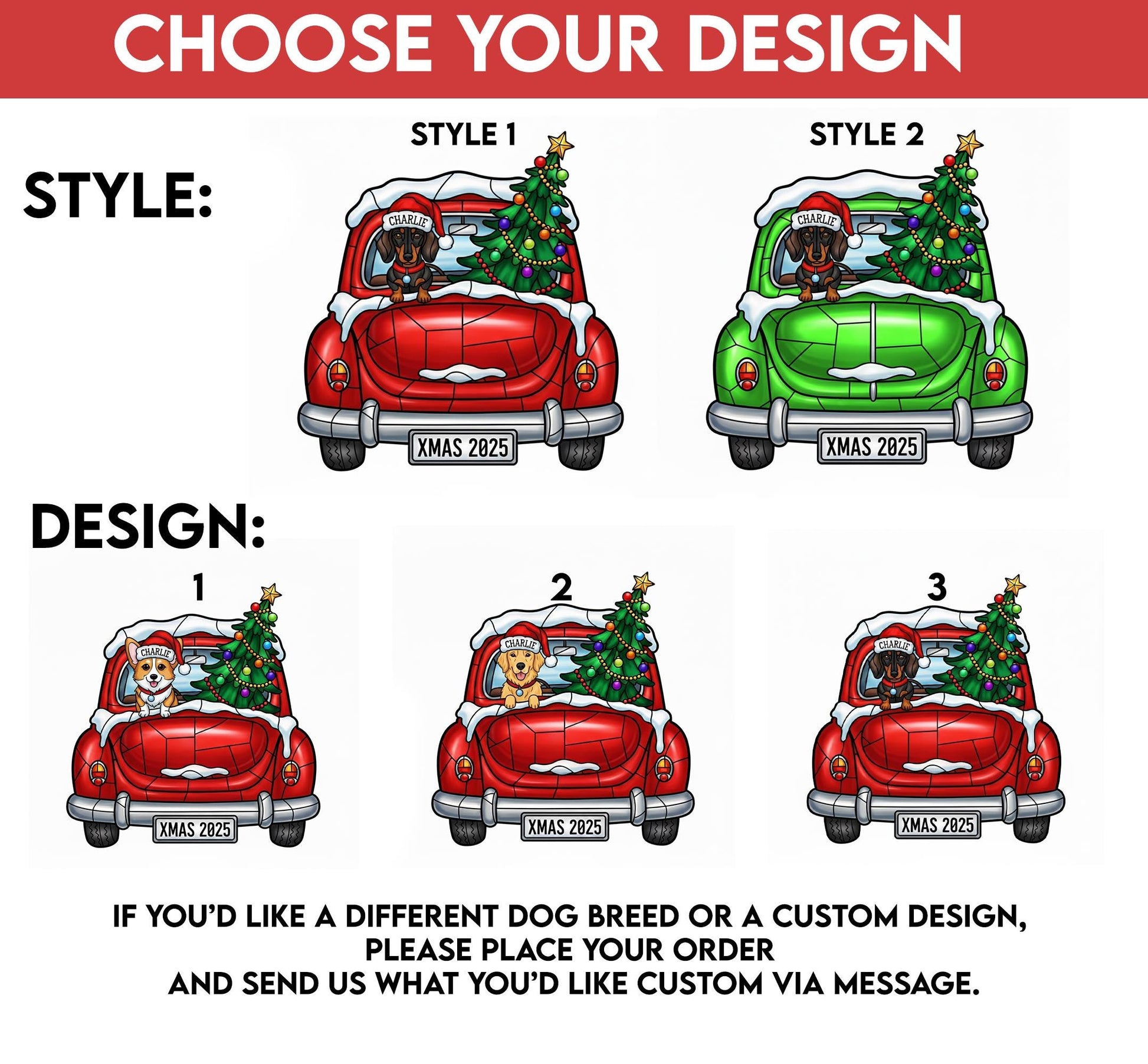 Personalized Dog Ornament – Dachshund in Car with Christmas Tree, Custom Name, Xmas Decoration