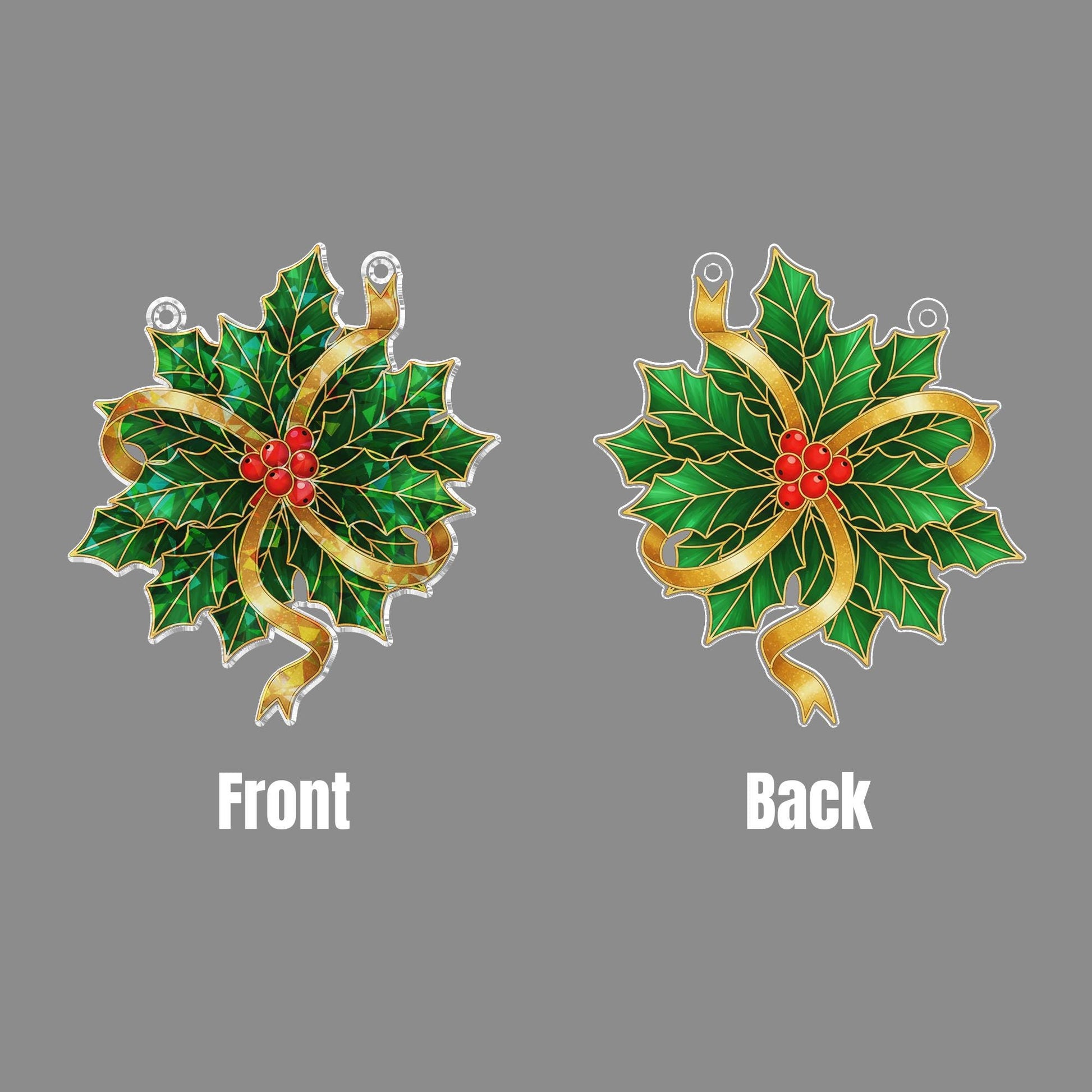 Acrylic Suncatcher: Holographic Window Hanging, Holly Leaves Christmas Design