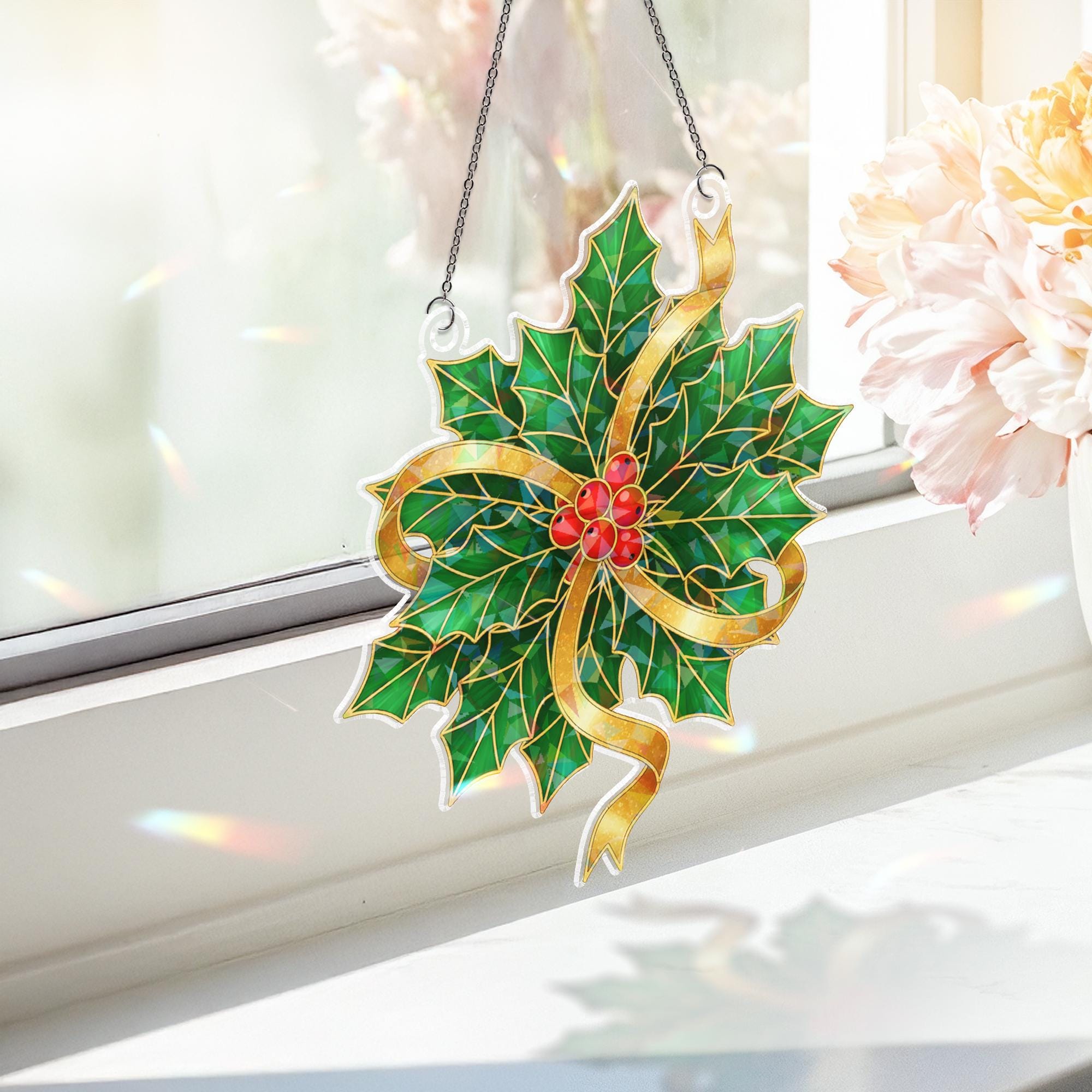 Acrylic Suncatcher: Holographic Window Hanging, Holly Leaves Christmas Design