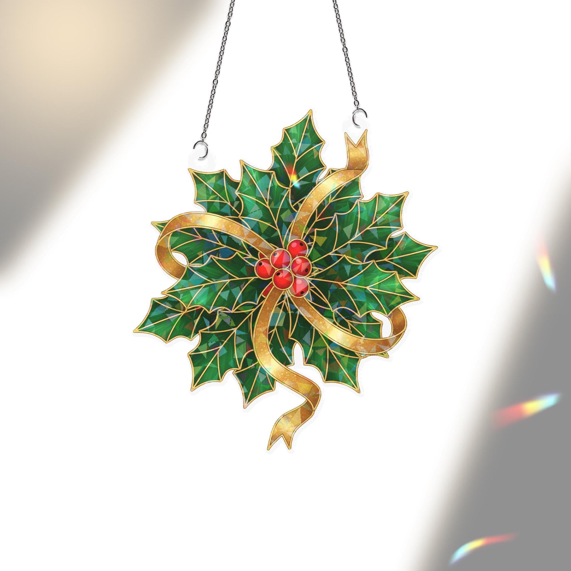 Acrylic Suncatcher: Holographic Window Hanging, Holly Leaves Christmas Design