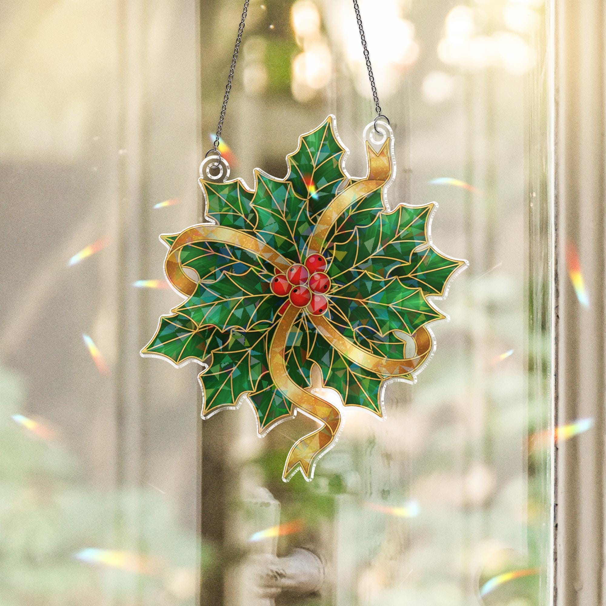 Acrylic Suncatcher: Holographic Window Hanging, Holly Leaves Christmas Design