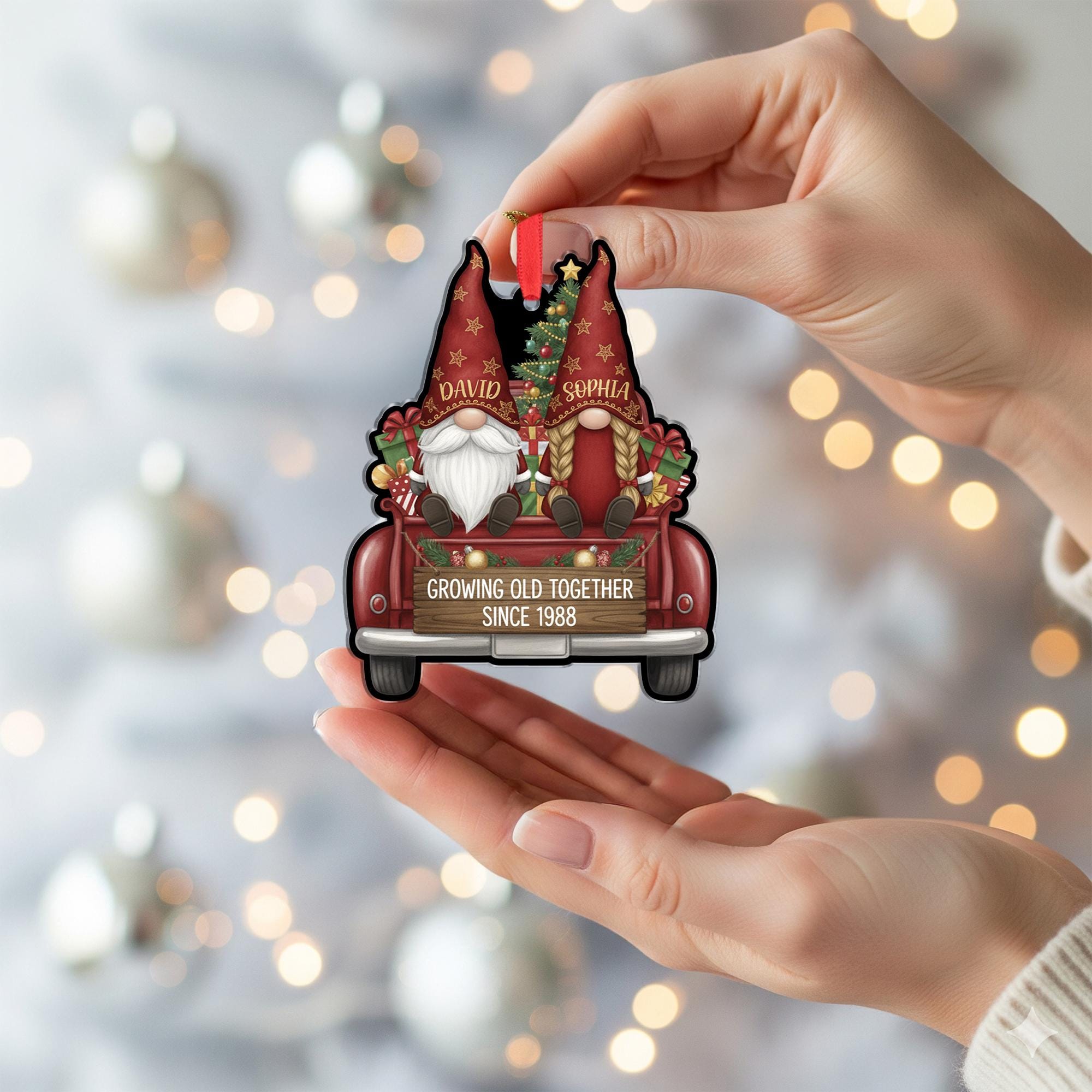 Ornament: Personalized Gnome Couple, Christmas Tree Decoration, Red Truck Design