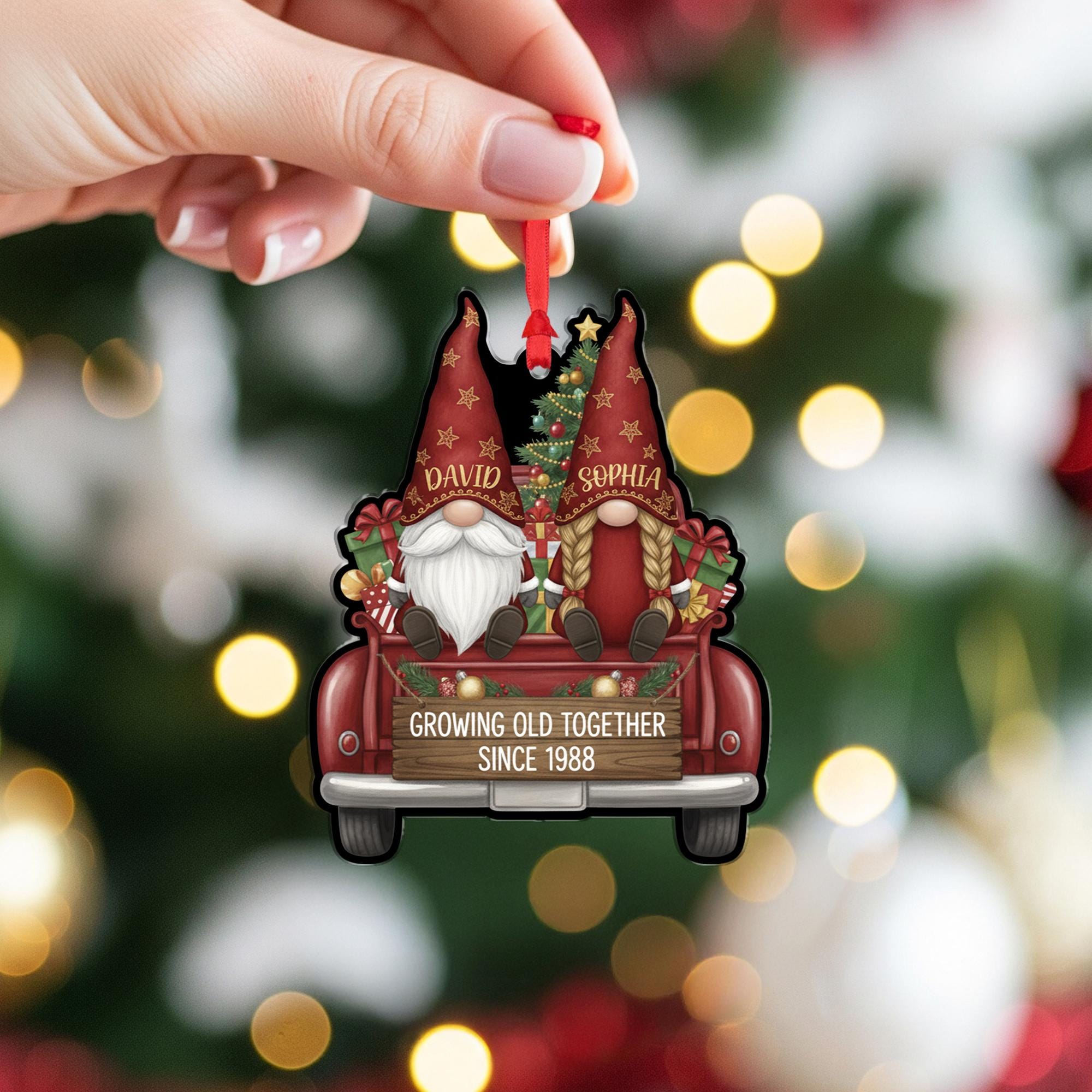 Ornament: Personalized Gnome Couple, Christmas Tree Decoration, Red Truck Design