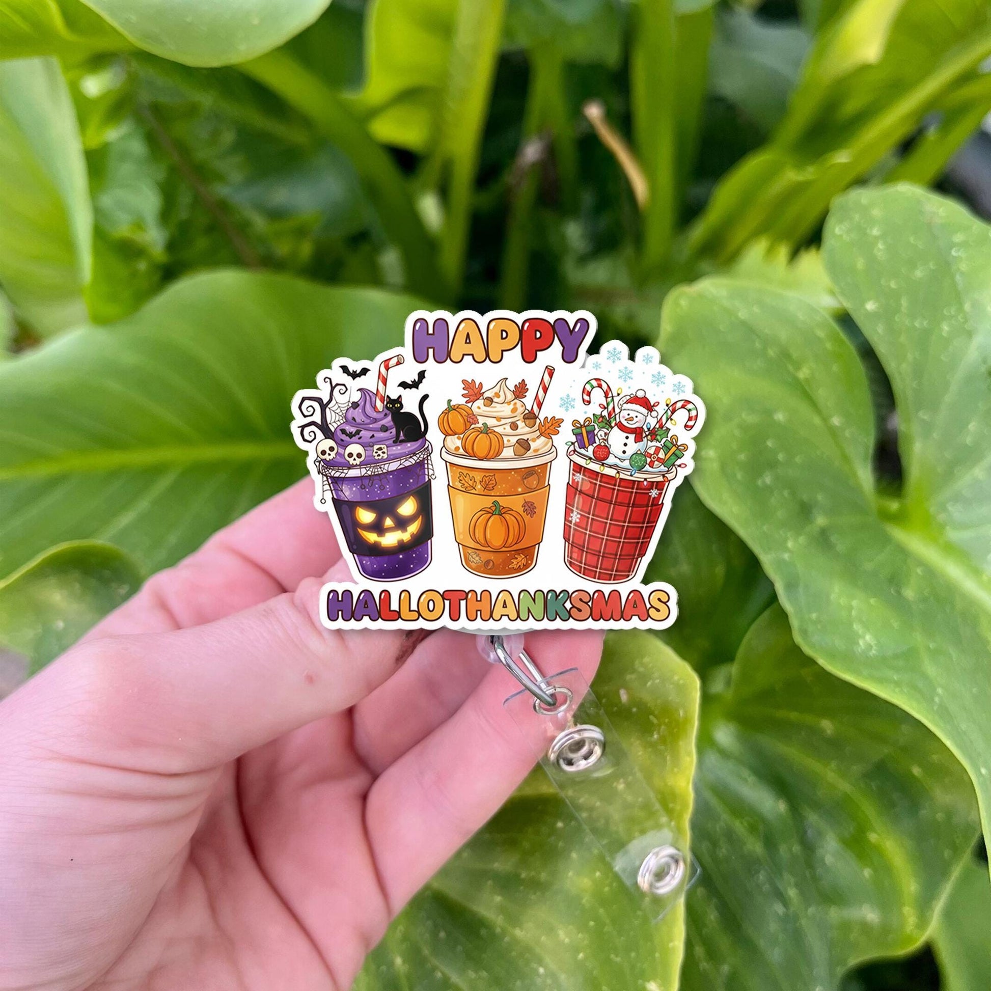 Hallothanksmas Badge Reel: Acrylic Coffee Cup Nurse ID Clip
