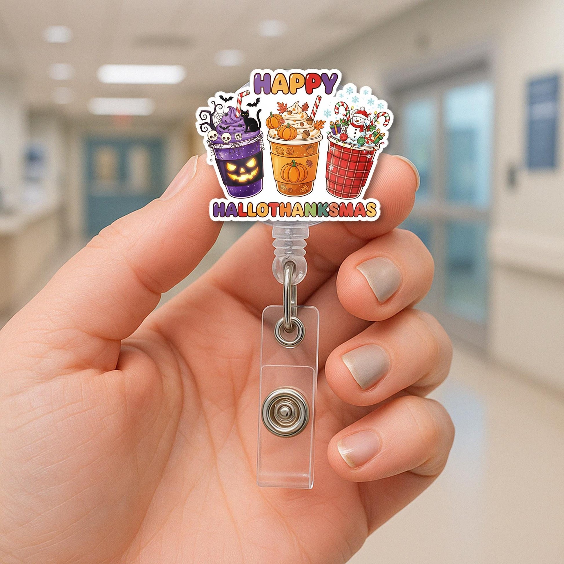 Hallothanksmas Badge Reel: Acrylic Coffee Cup Nurse ID Clip