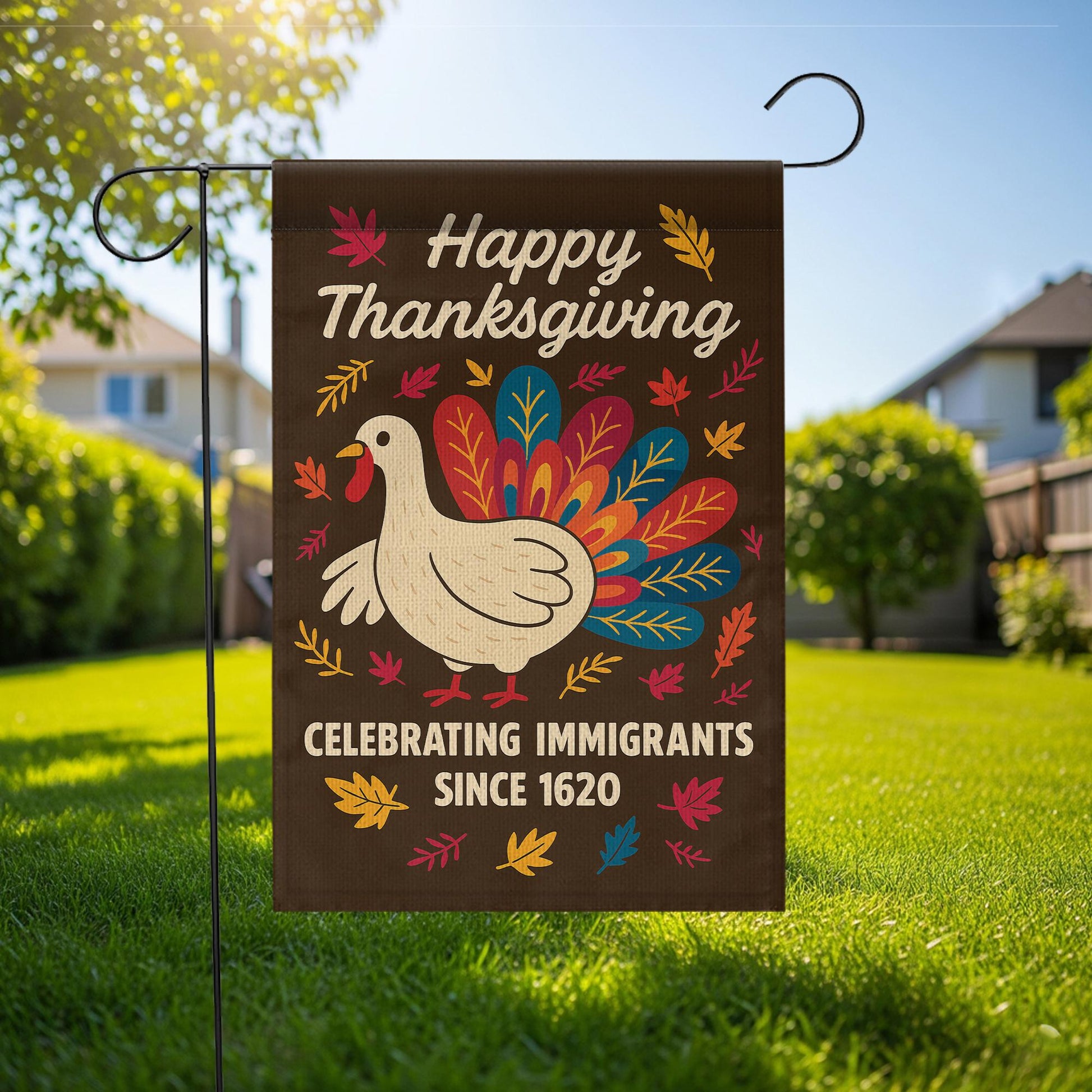 Thanks Giving Garden Flag: Thanksgiving Outdoor Decoration, Turkey and Autumn Leaves Design