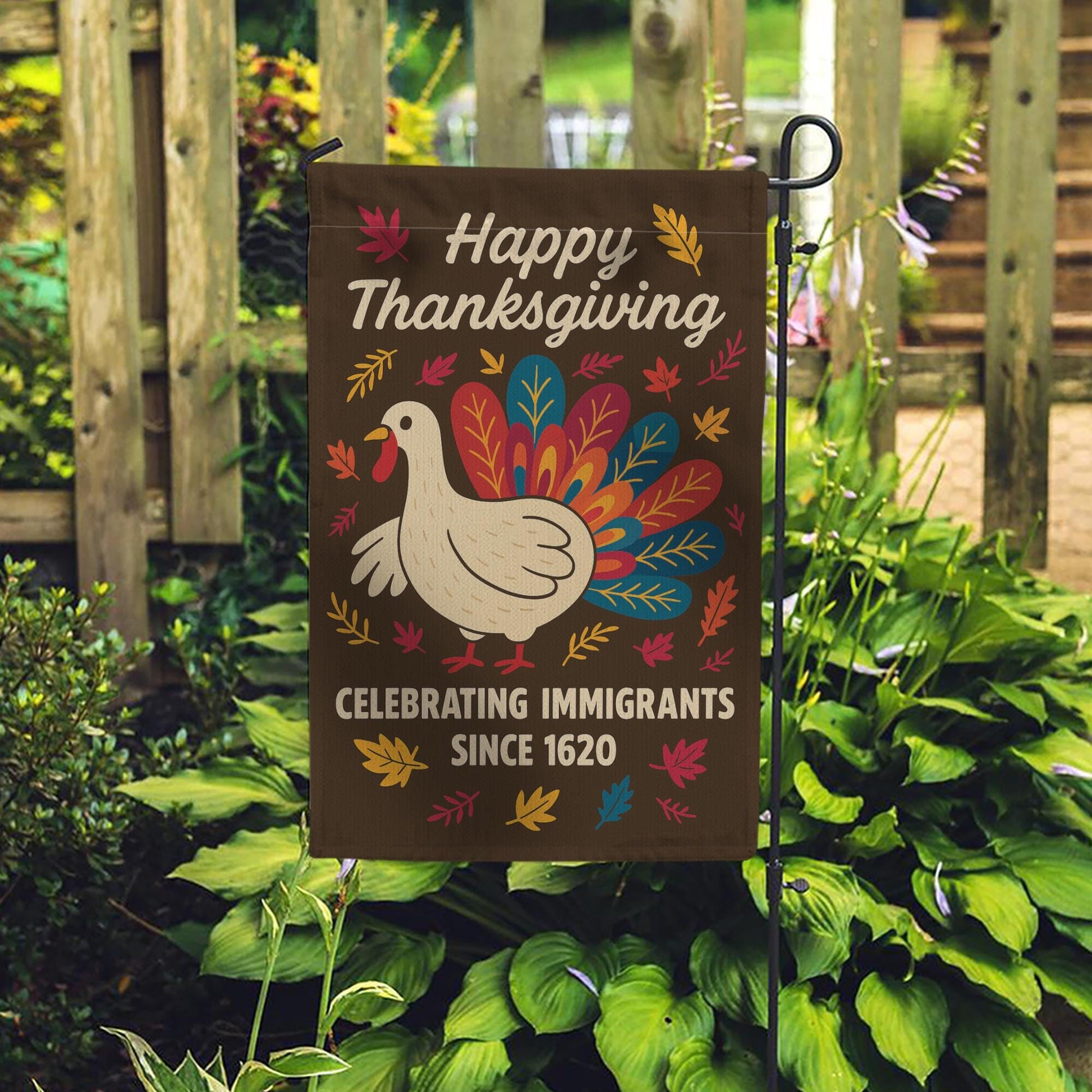 Thanks Giving Garden Flag: Thanksgiving Outdoor Decoration, Turkey and Autumn Leaves Design