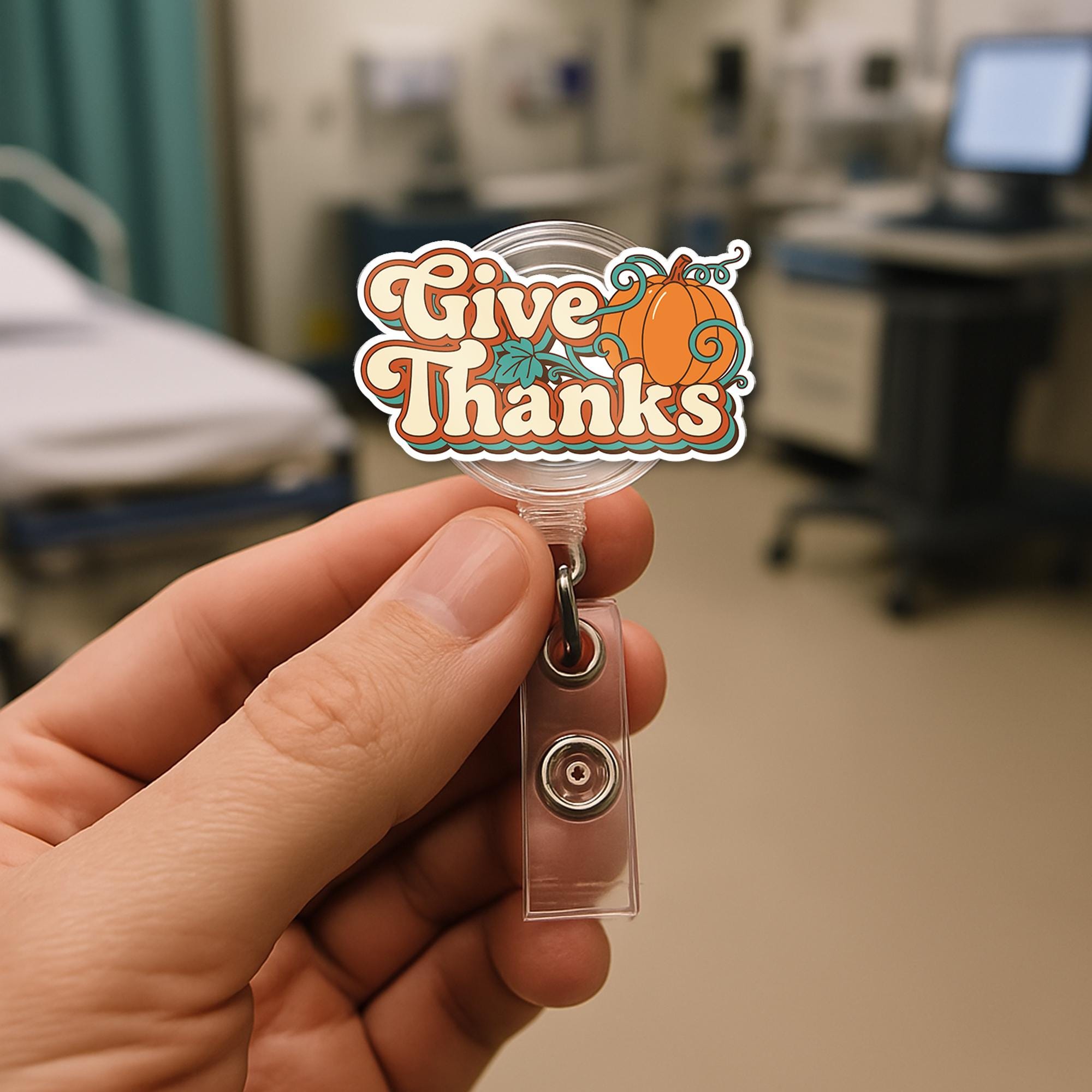 Badge Reel: Give Thanks Pumpkin Design, Retractable Fall ID Holder