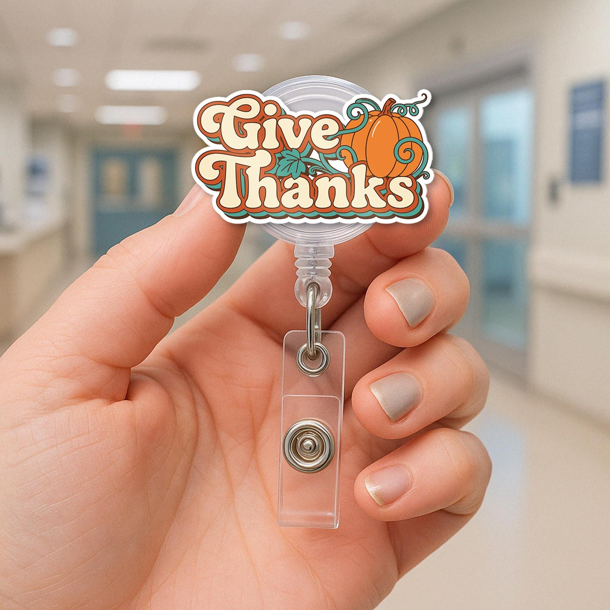 Badge Reel: Give Thanks Pumpkin Design, Retractable Fall ID Holder