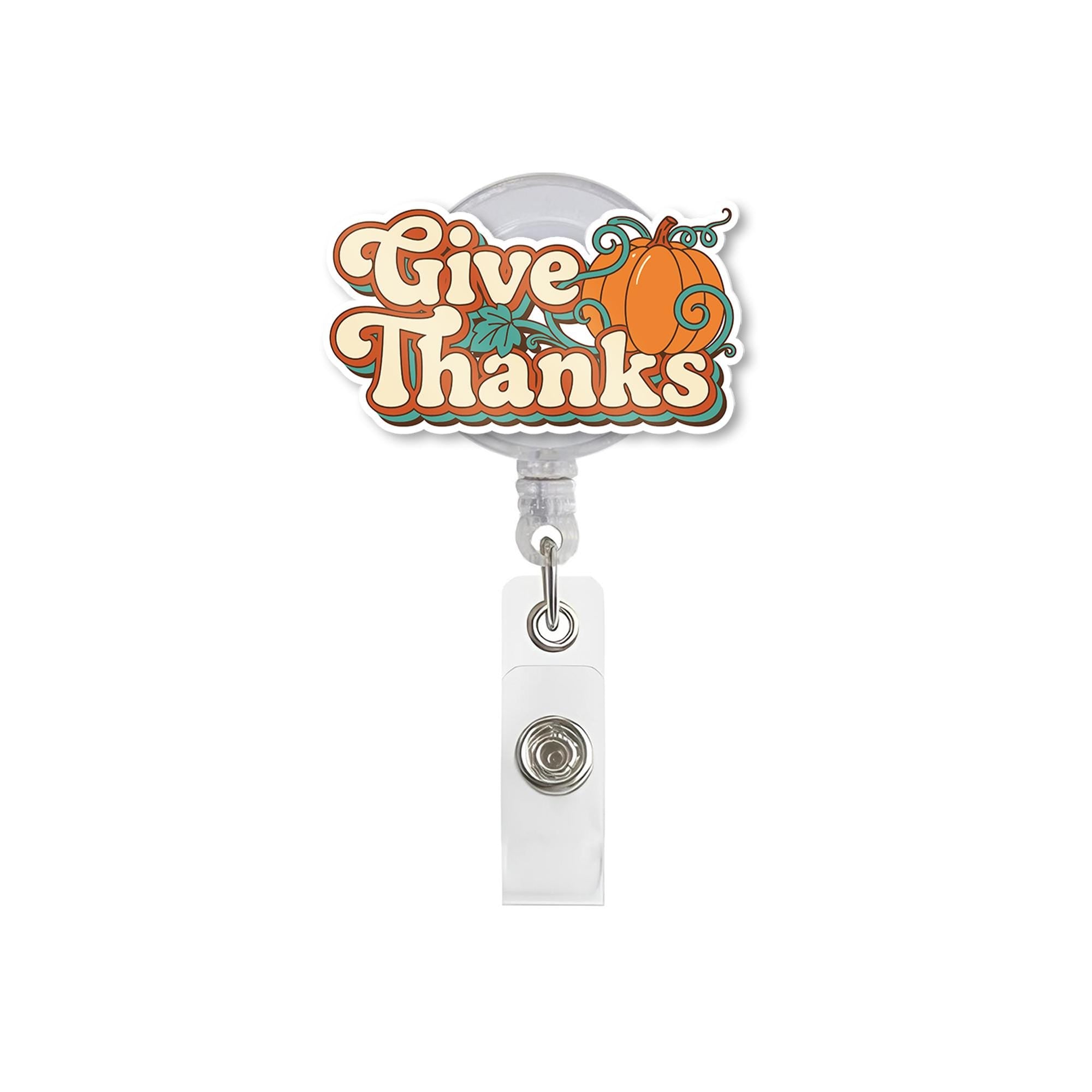 Badge Reel: Give Thanks Pumpkin Design, Retractable Fall ID Holder