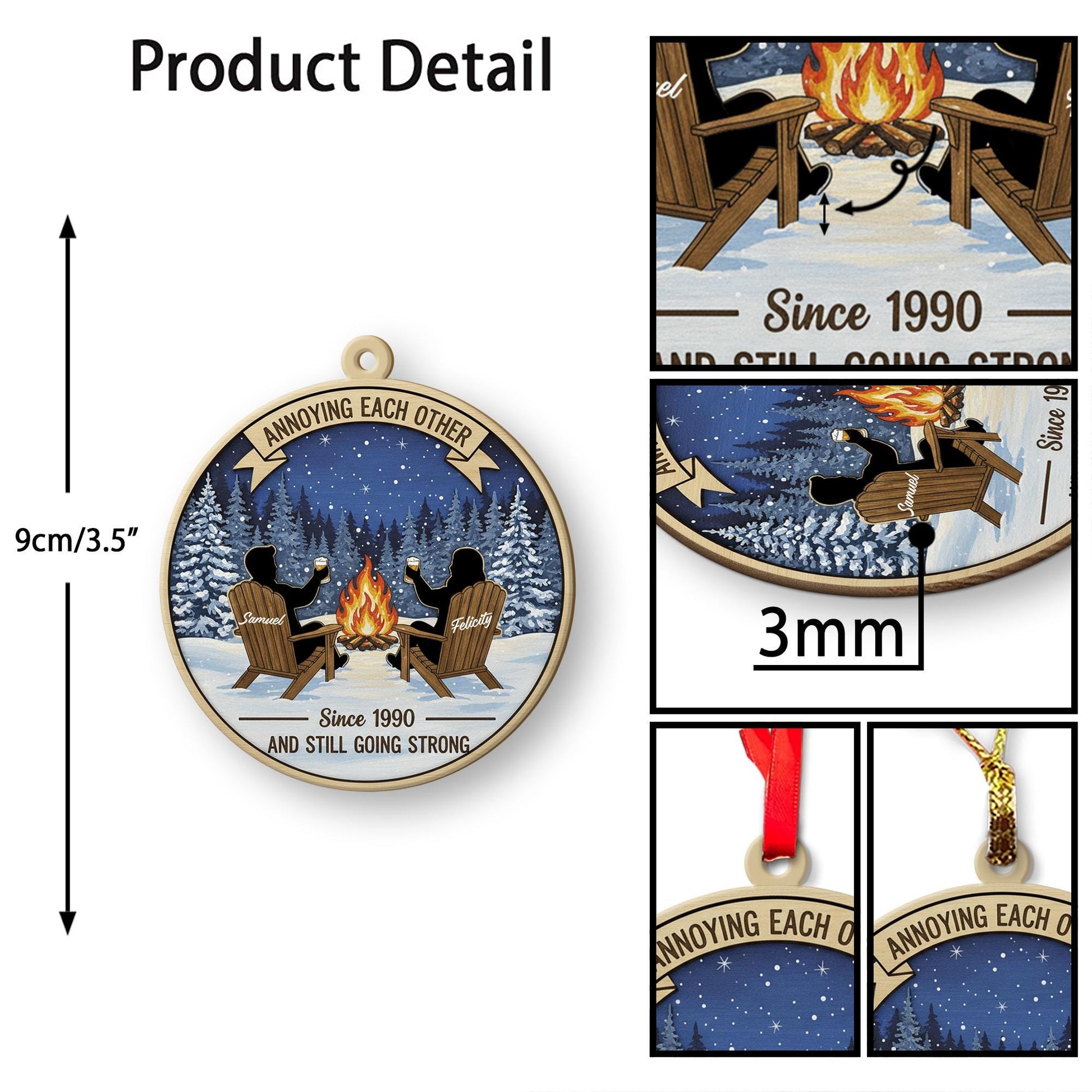 Personalized Wood Ornament: Campfire Scene Winter Decor, Custom Couple Keepsake