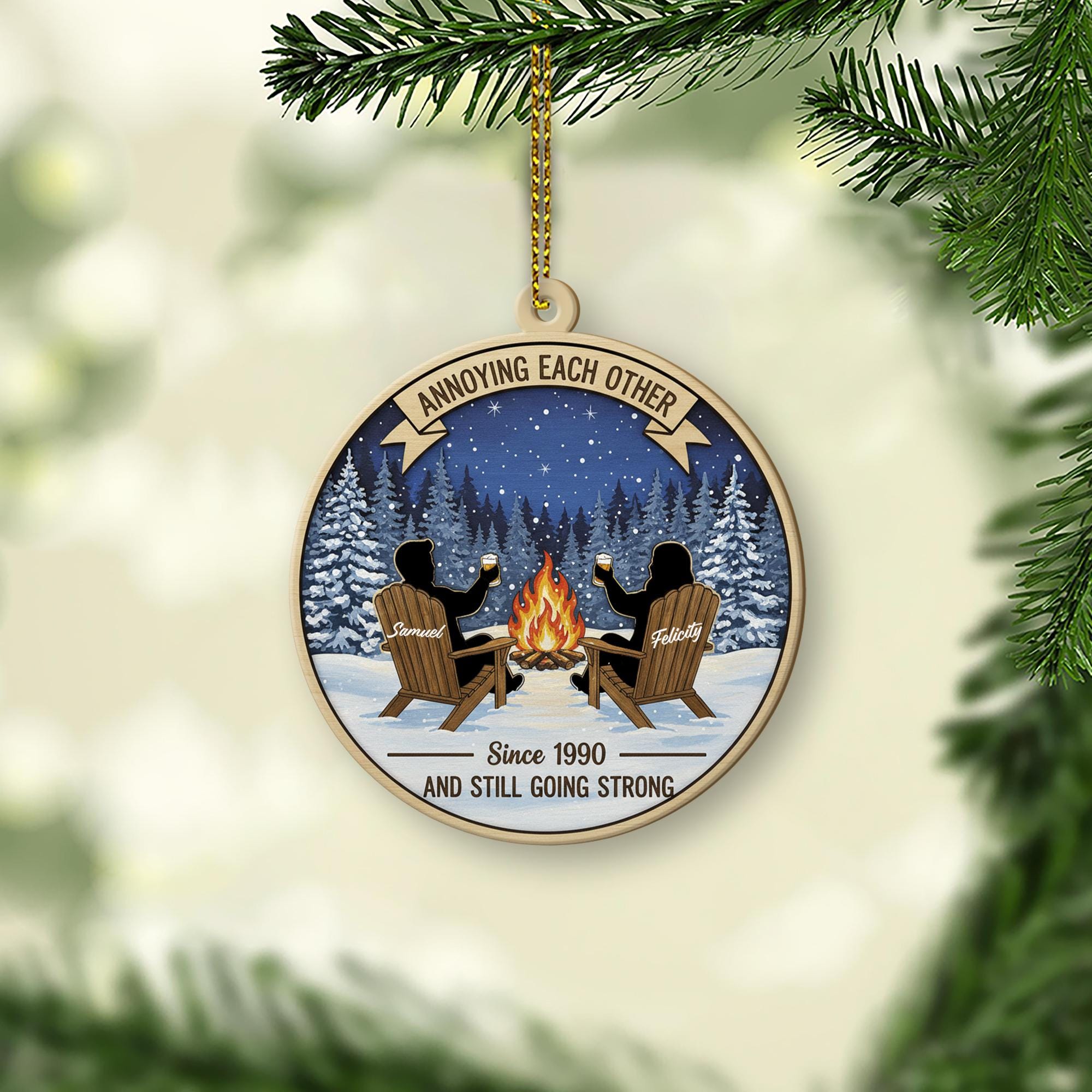 Personalized Wood Ornament: Campfire Scene Winter Decor, Custom Couple Keepsake