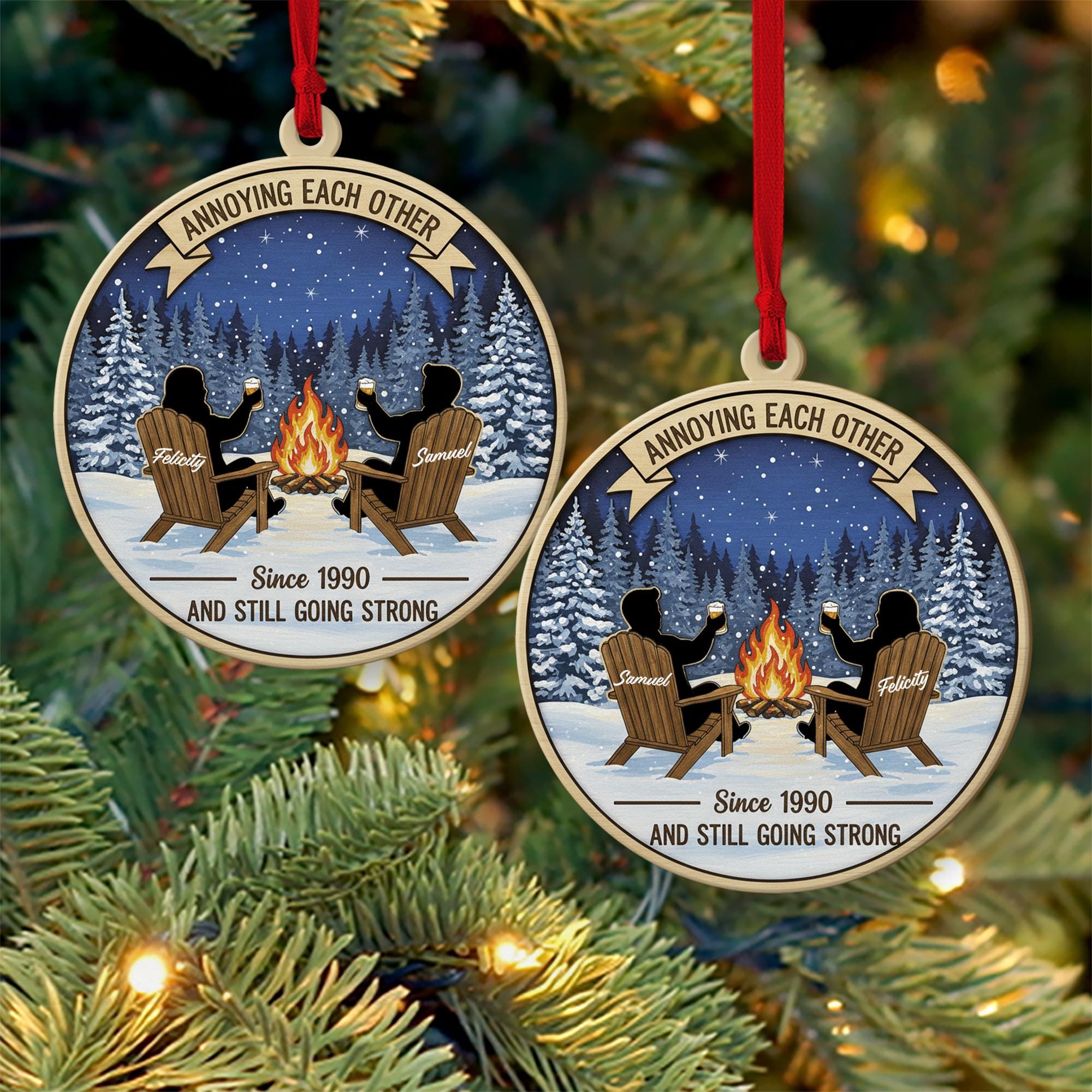 Personalized Wood Ornament: Campfire Scene Winter Decor, Custom Couple Keepsake